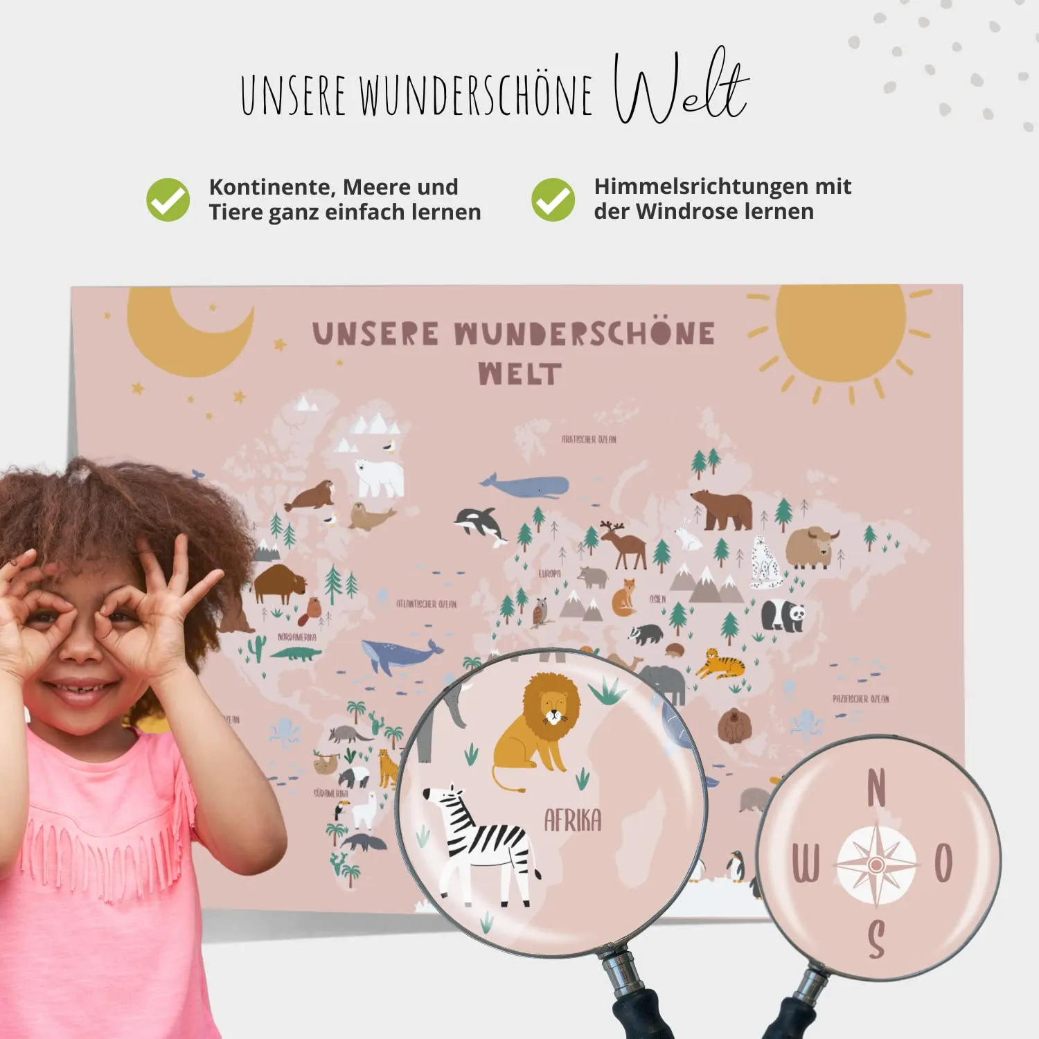 MeinBaby123 Lernposter Weltkarte rosa A2 Tiere