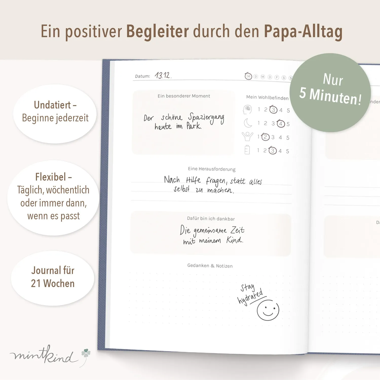 MINTKIND Papa Journal Tagebuch Leinen Blau für Väter