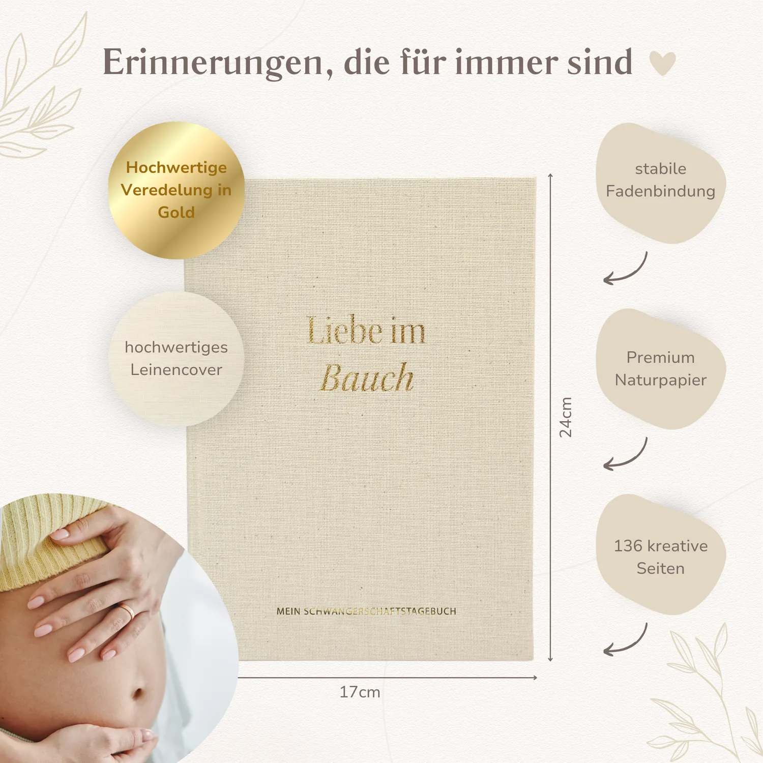 MeinBaby123 Schwangerschaftstagebuch Leinen Goldgravur 136 Seiten