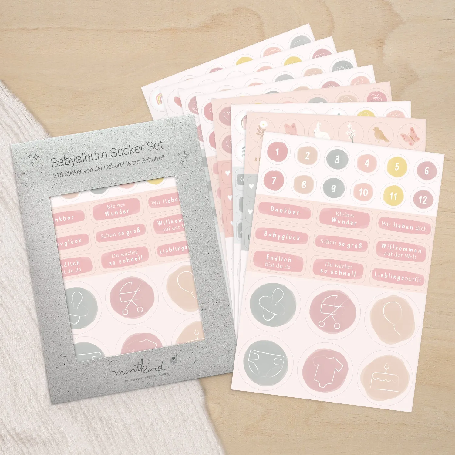 MINTKIND Babyalbum Sticker Set 8 Bögen Wald Blumen Wal