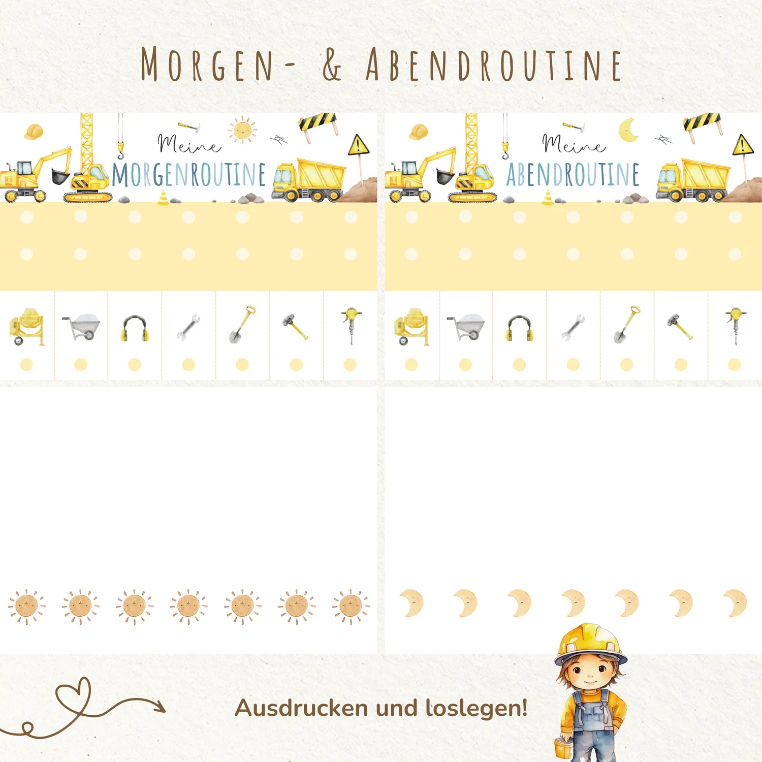 MeinBaby123 Morgen-Abendroutine Bagger Routineplan Ausdrucken Kinder