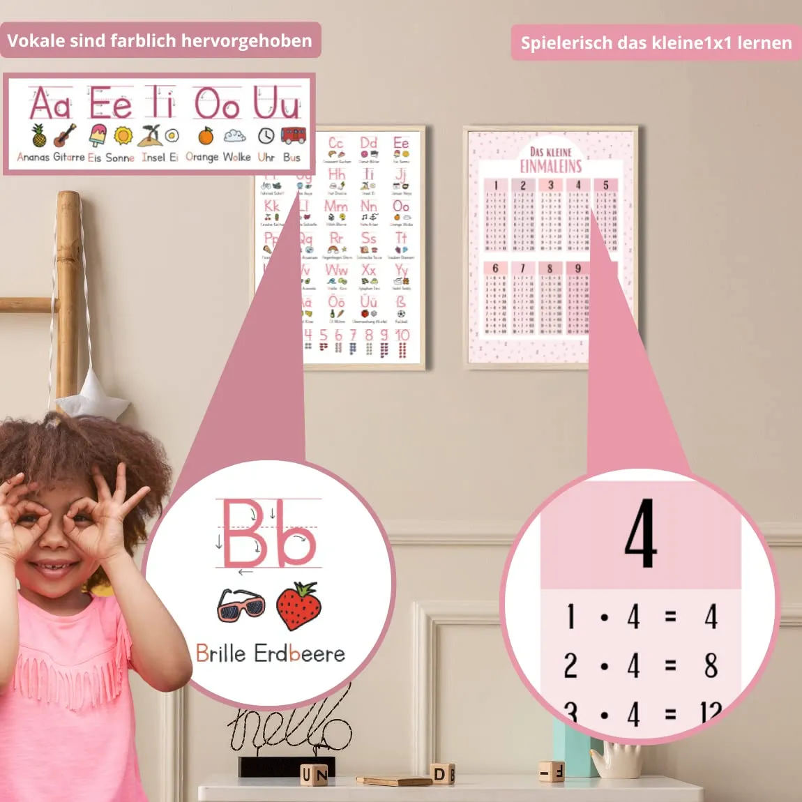 MeinBaby123 Lernposter Set rosa A4 Einmaleins Grundschrift