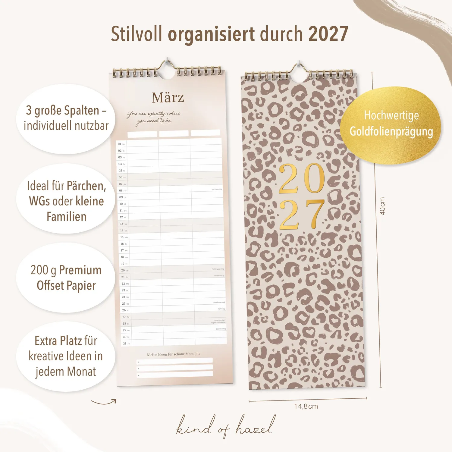 kind of hazel Wandkalender 2027 Leo Spaltenkalender 14,8x40