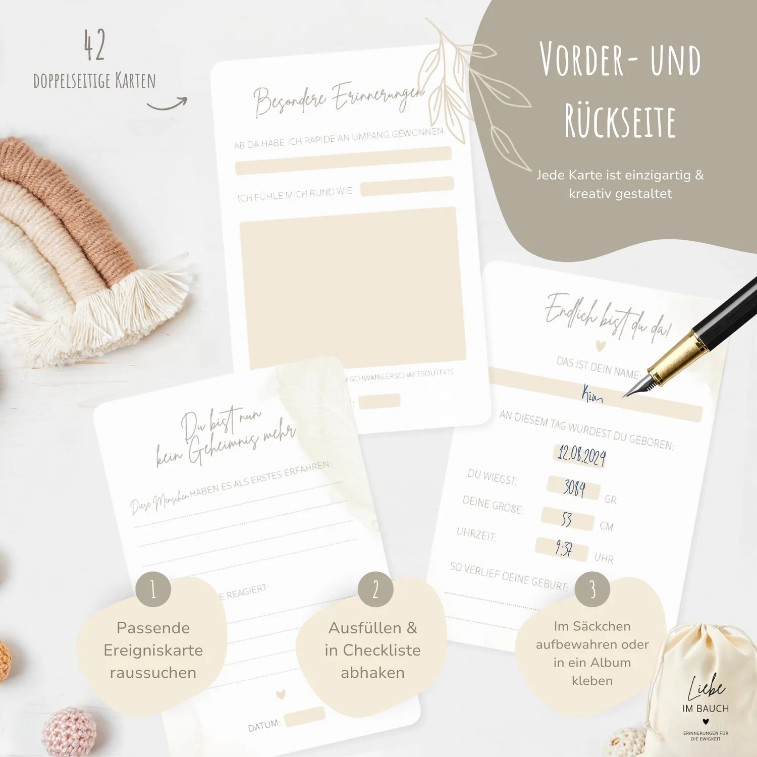 MeinBaby123 Meilensteinkarten Schwangerschaft beige boho 42er Set