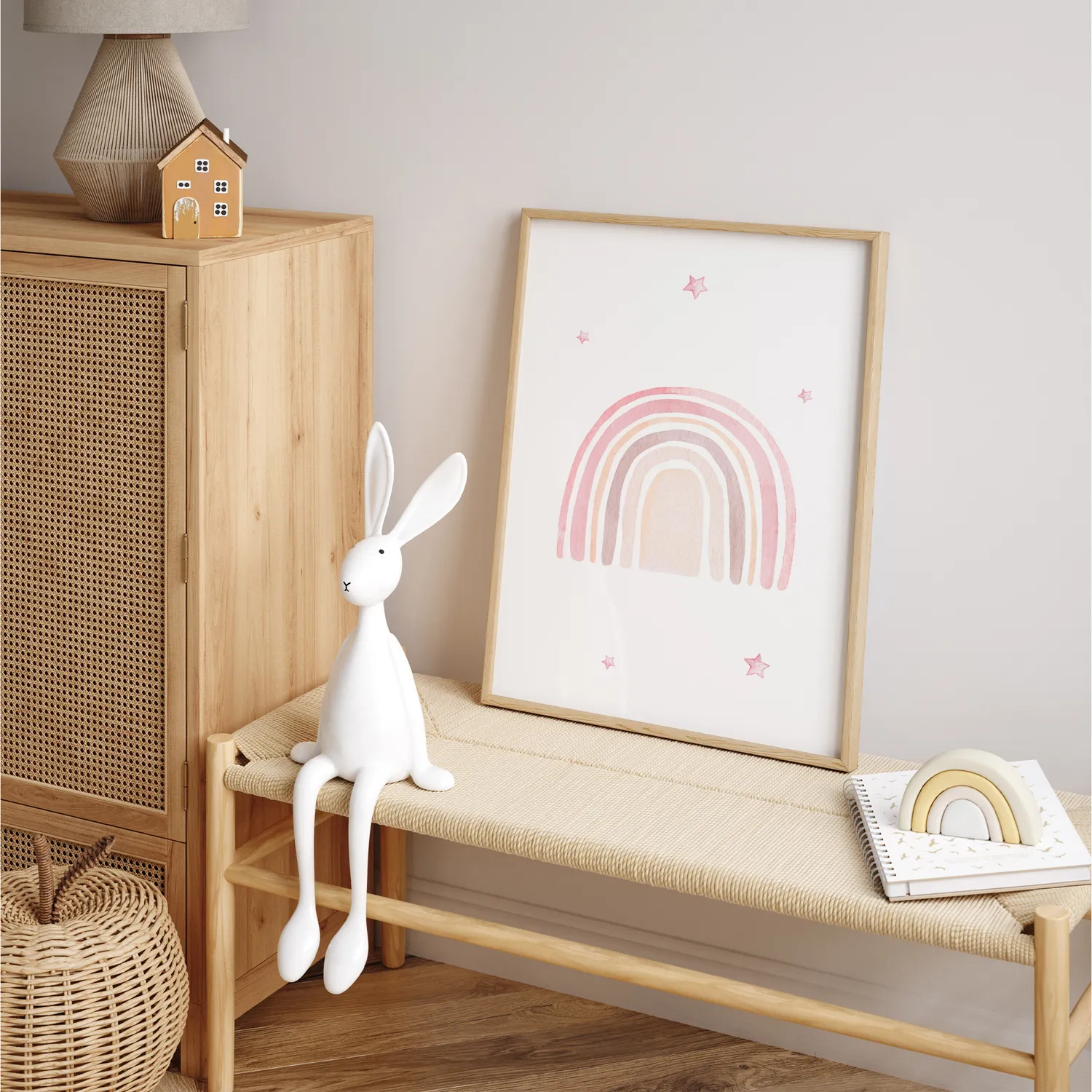 MeinBaby123 Bär & Regenbogen Poster Kinderzimmer 3er Set A4 rosa