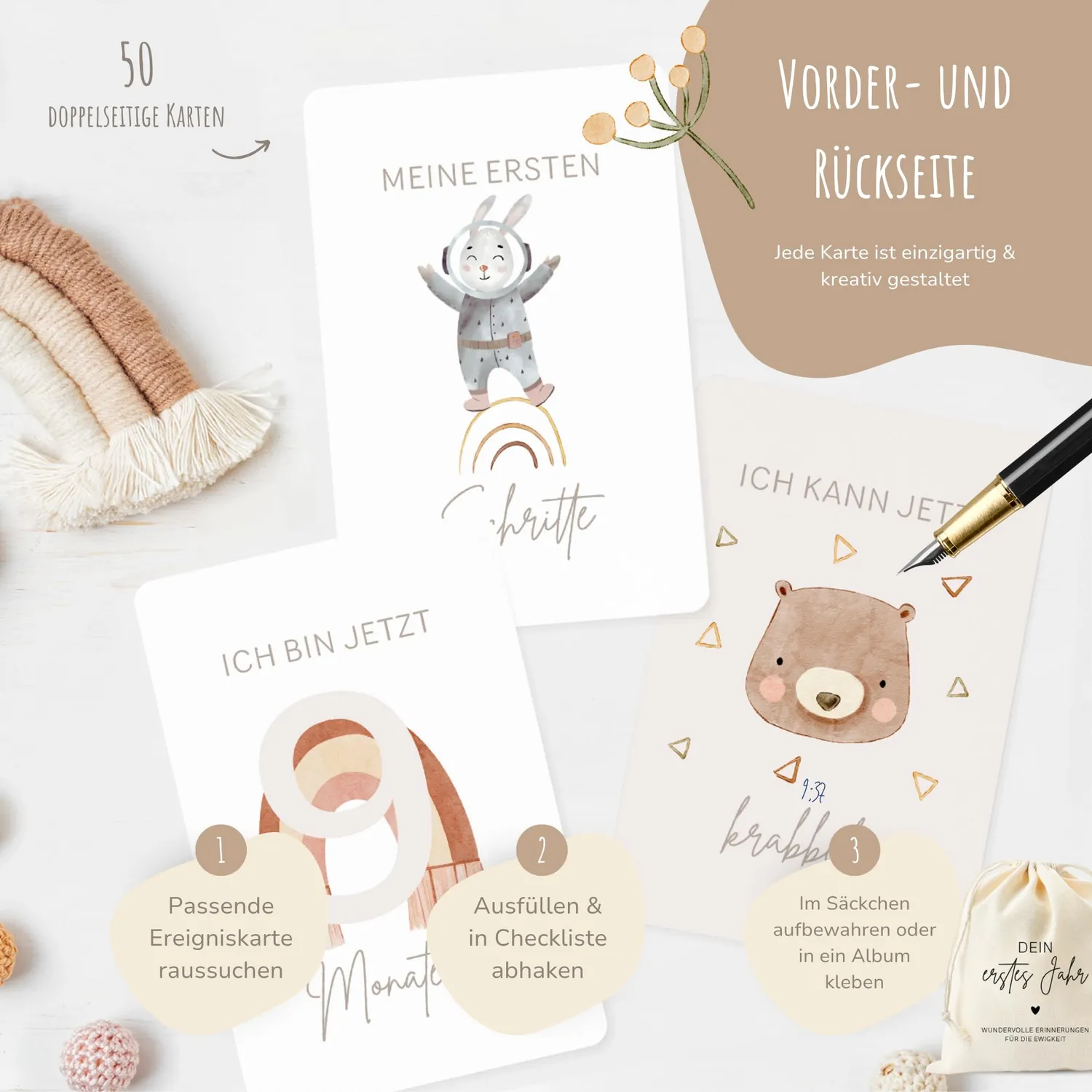 MeinBaby123 Dein erstes Jahr Meilensteinkarten 50er beige Boho