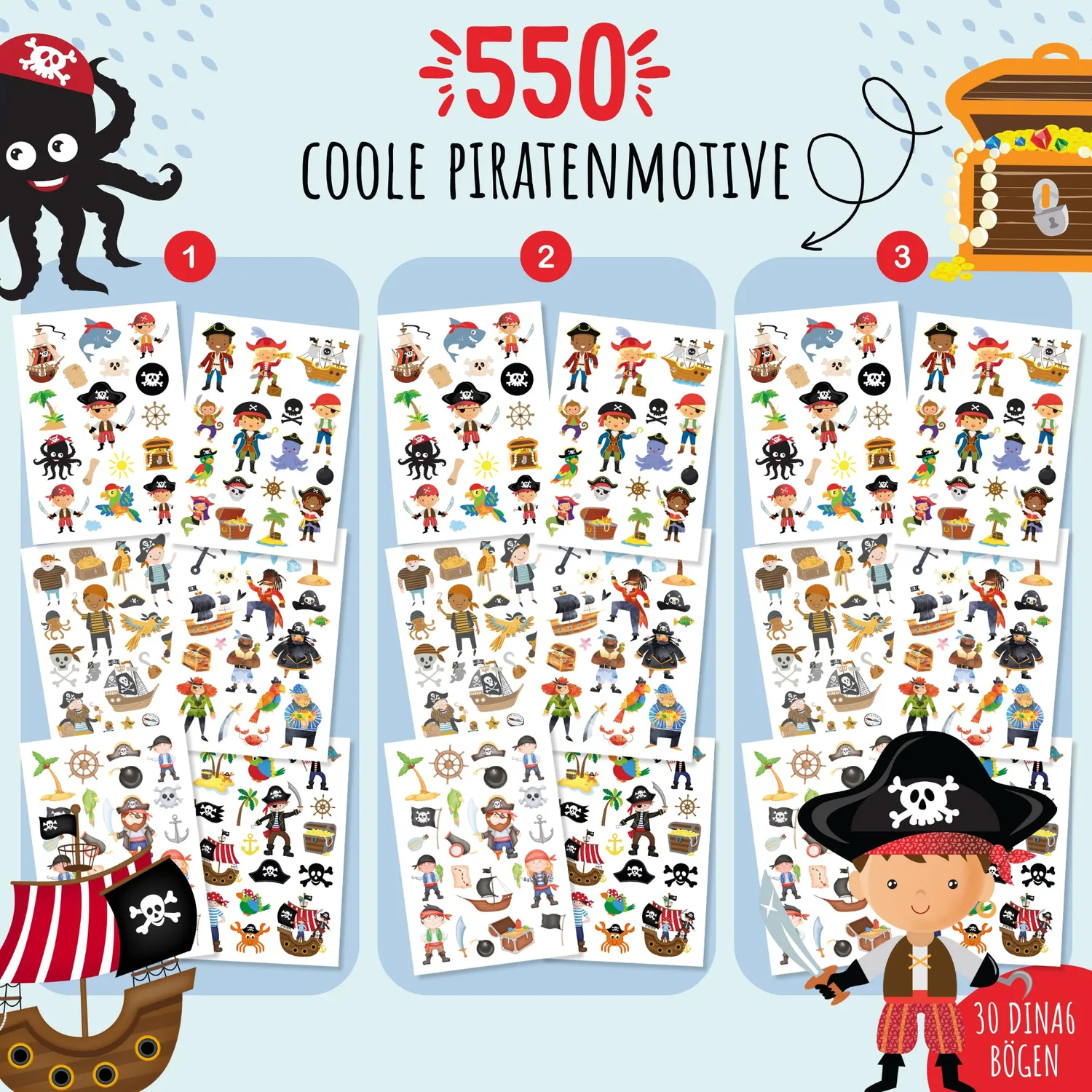 MeinBaby123 Kinder Tattoos Piraten 5er Set 550 Stück vegan