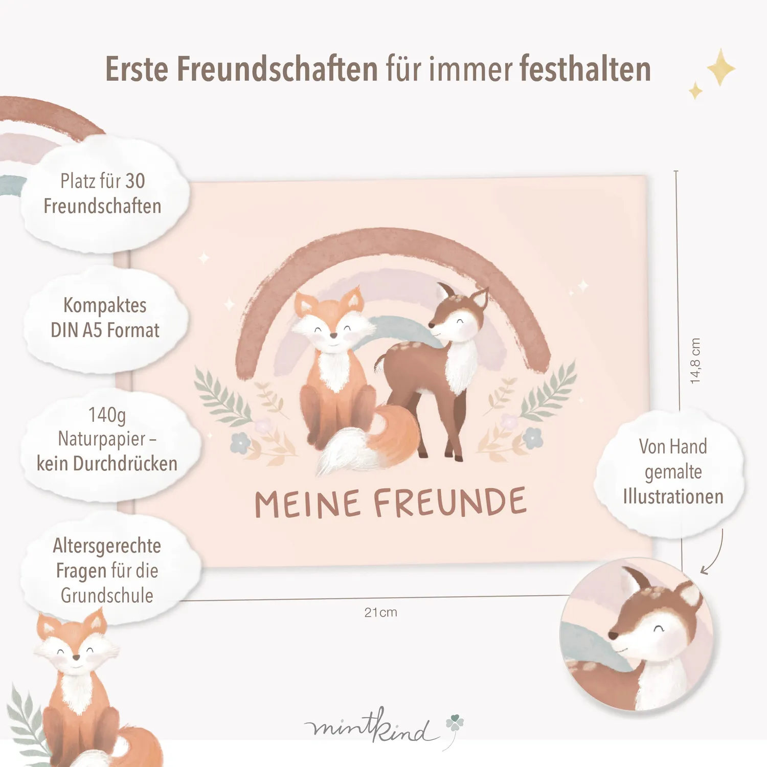 MINTKIND Freundebuch Grundschule Boho Waldtiere 30 Freunde