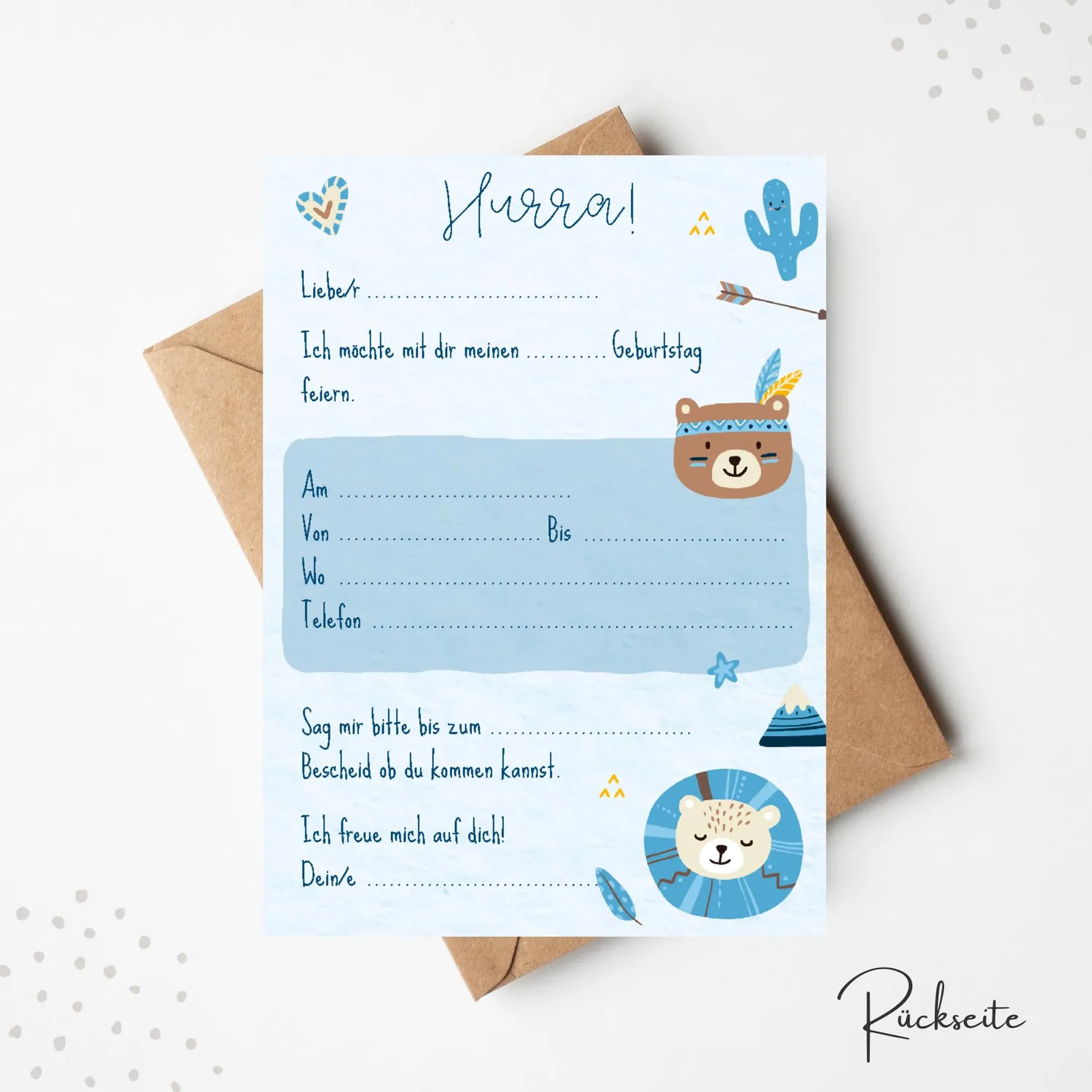 MeinBaby123 Einladungskarten Kindergeburtstag Boho Blau 10er Set