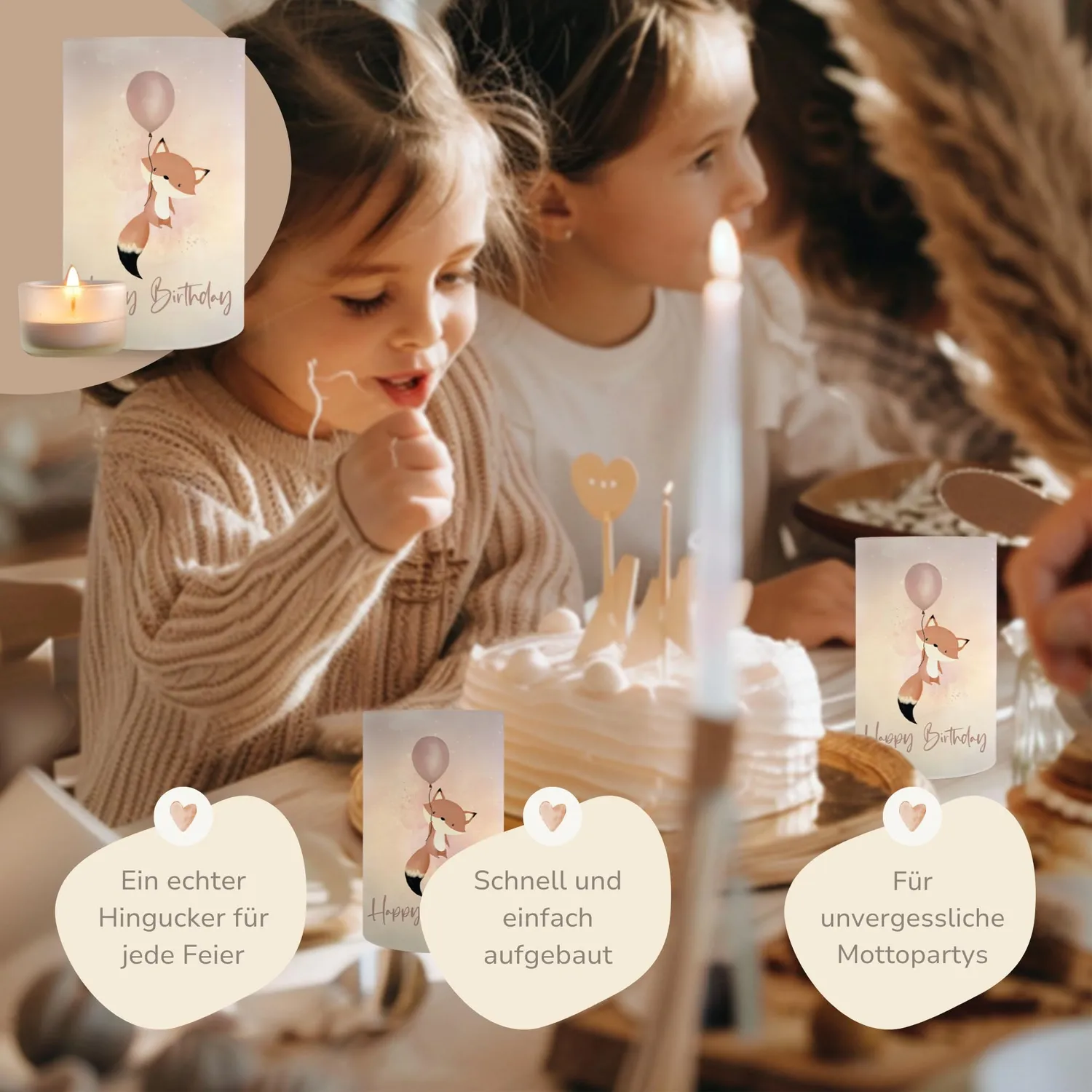 MeinBaby123 Tischdeko Kindergeburtstag Windlicht Fuchs rosa 10 Stück