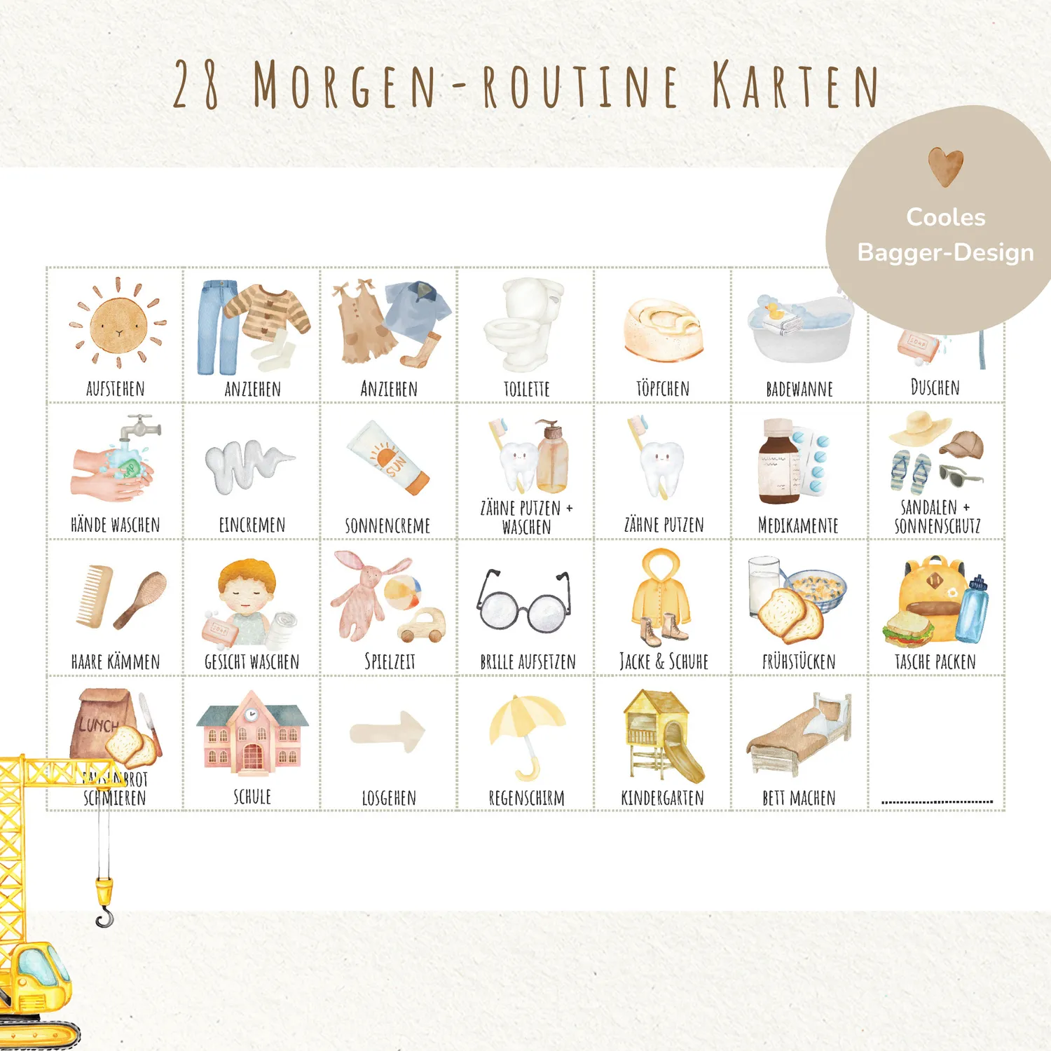 MeinBaby123 Morgen-Abendroutine Bagger Routineplan Ausdrucken Kinder