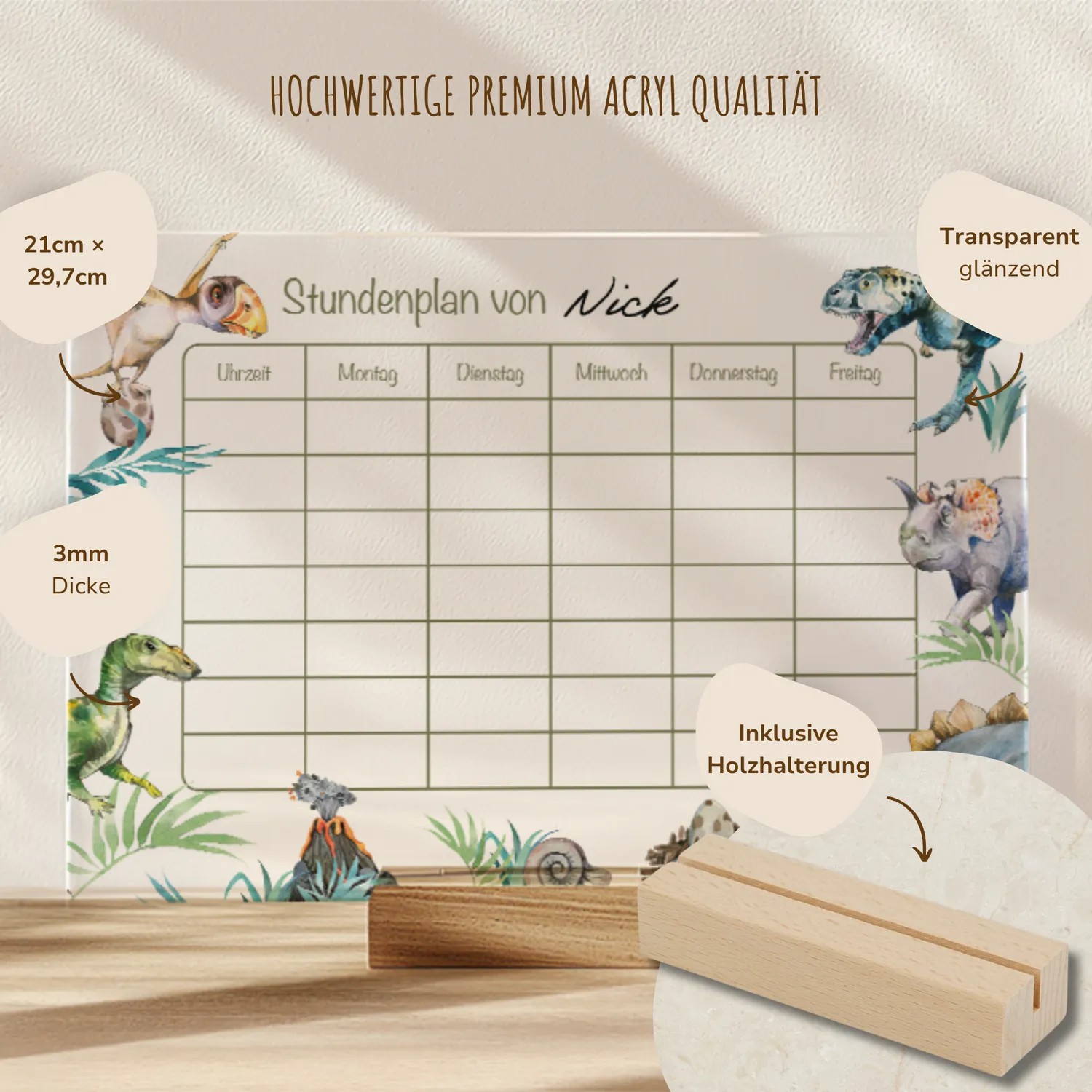 MeinBaby123 Stundenplan Dinos Acryl A4 mit Holzhalterung abwischbar