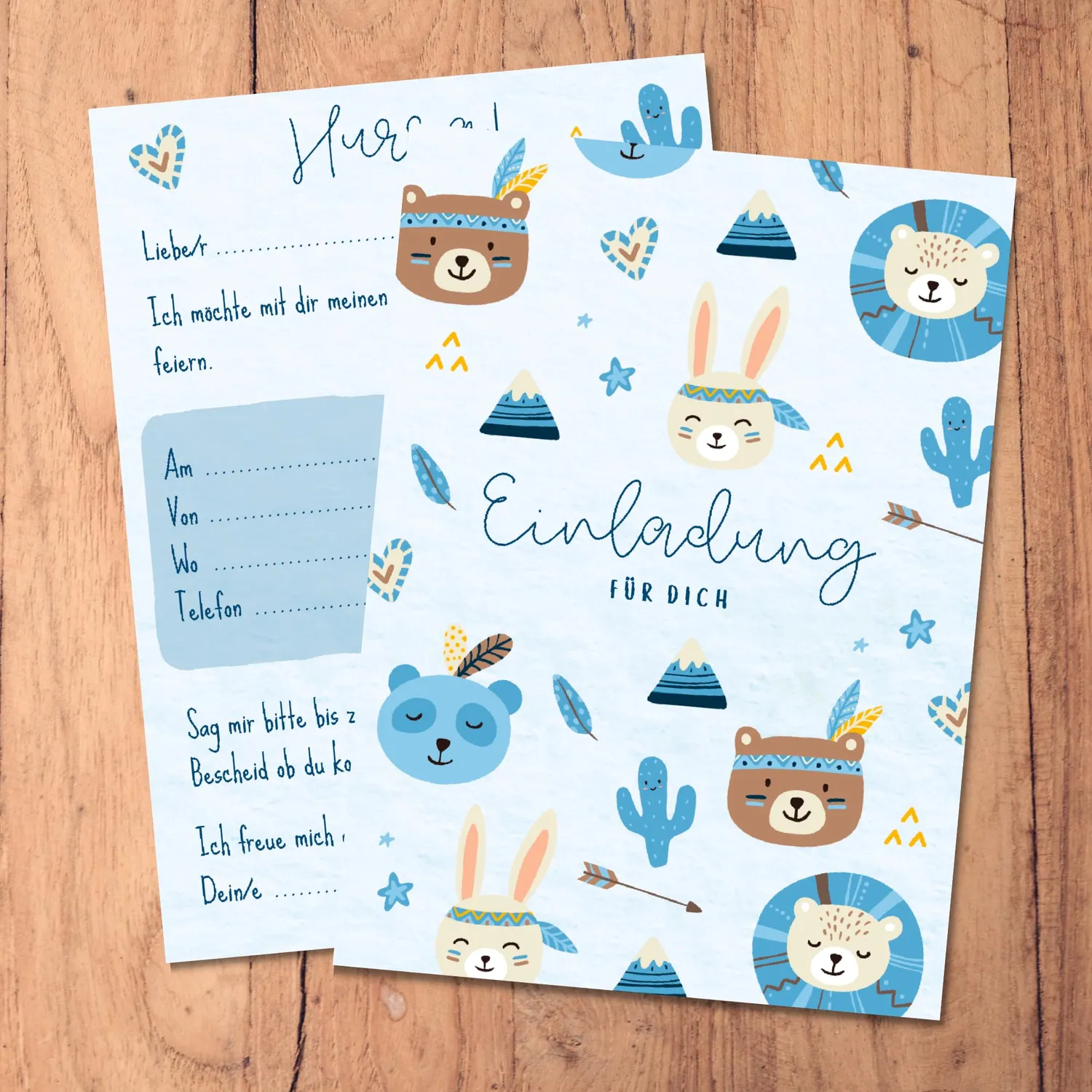 MeinBaby123 Einladungskarten Kindergeburtstag Boho Blau 10er Set