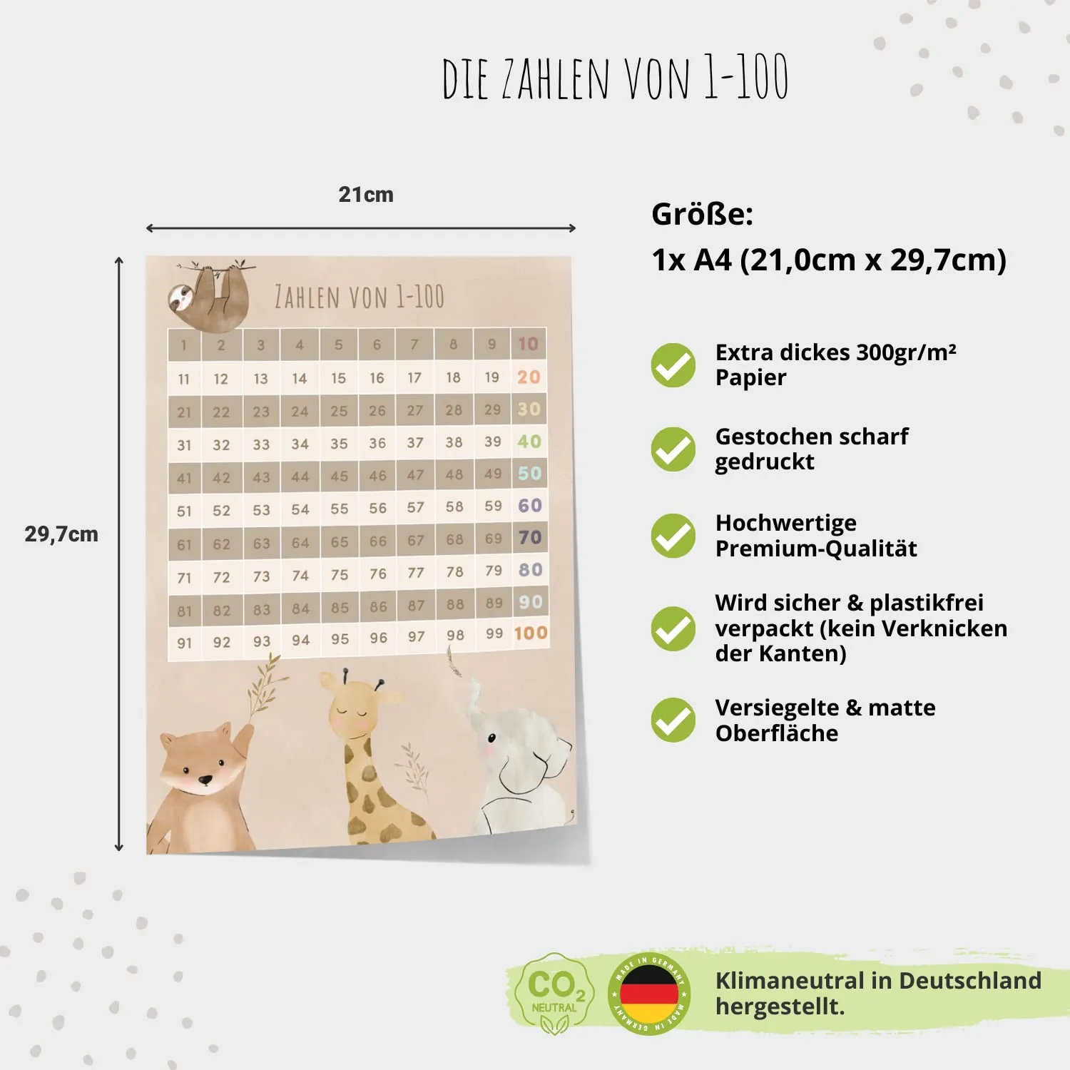 MeinBaby123 Lernposter Zahlen 1-100 Tiere A4