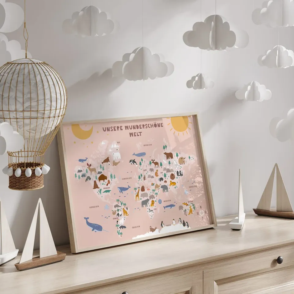 MeinBaby123 Lernposter Weltkarte rosa A2 Tiere