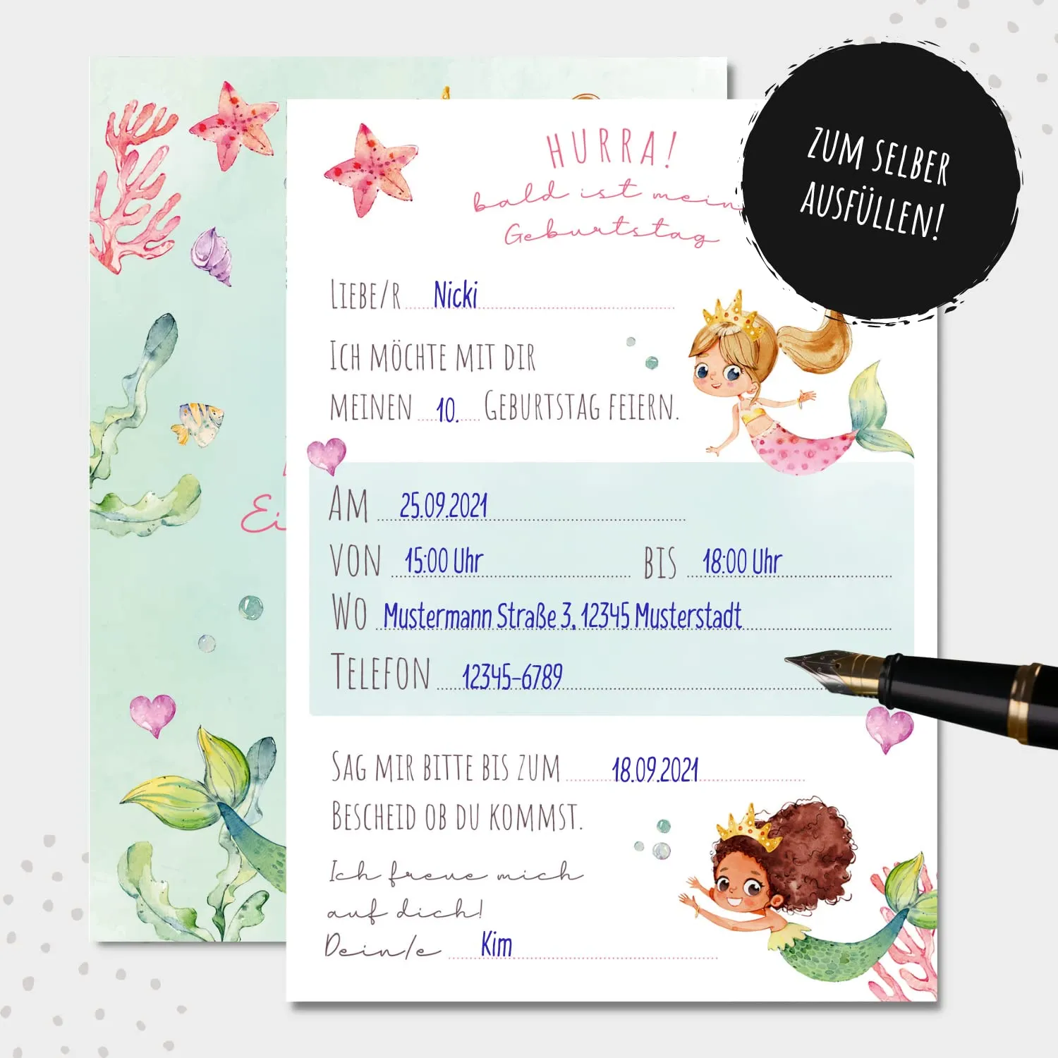 MeinBaby123 Meerjungfrau Einladungskarten 10er Set A6