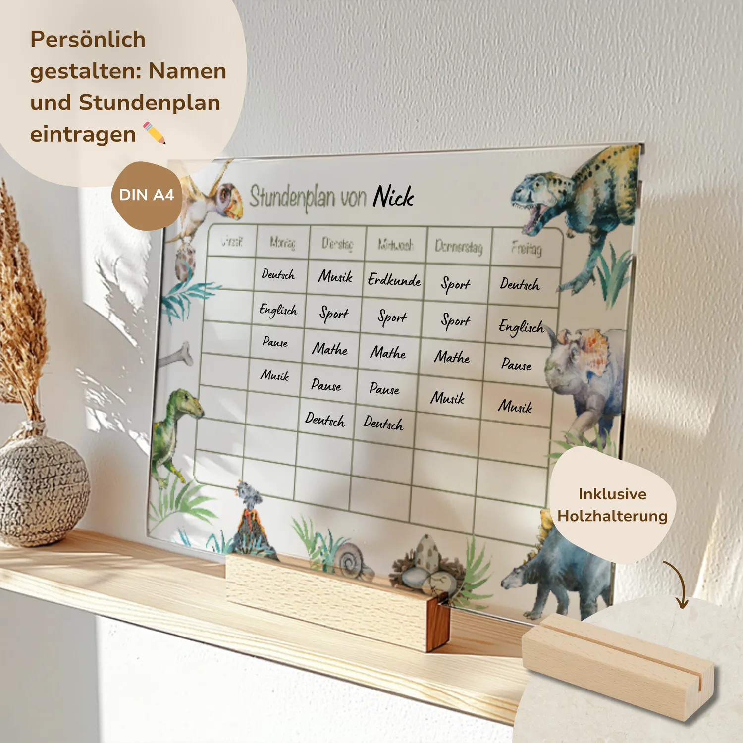 MeinBaby123 Stundenplan Dinos Acryl A4 mit Holzhalterung abwischbar
