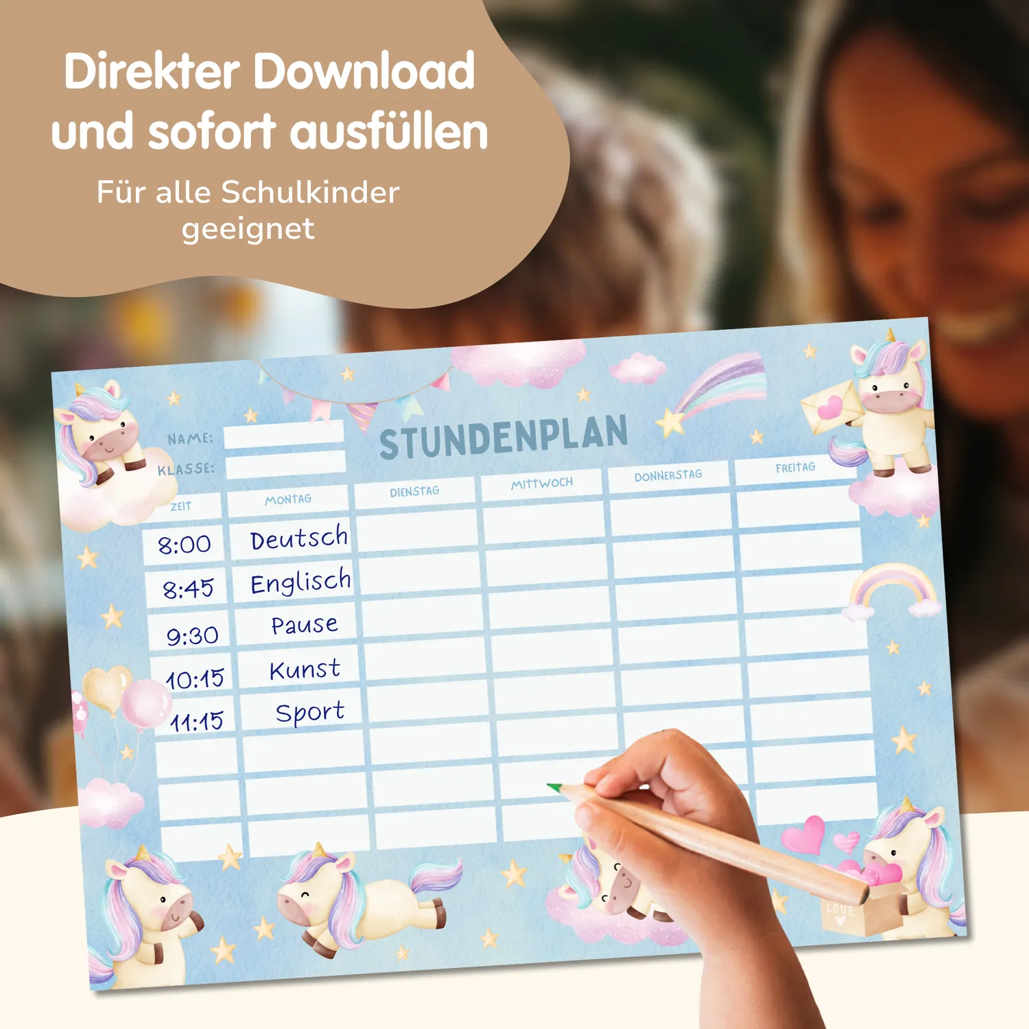 MeinBaby123 Stundenplan Einhorn II PDF A4 Ausdruck