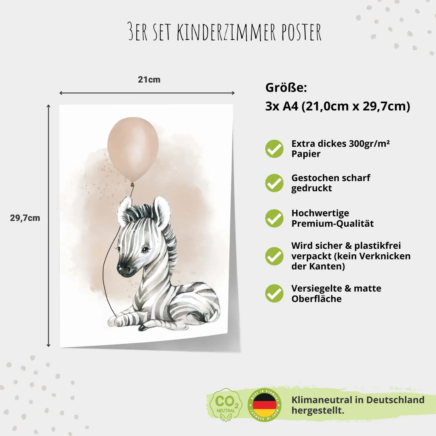 MeinBaby123 Zebra Luftballon Poster 3er Set A4 beige