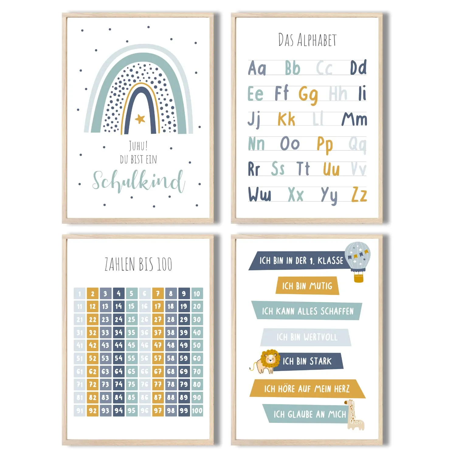 MeinBaby123 Lernposter 4er Set A4 ABC Zahlen blau