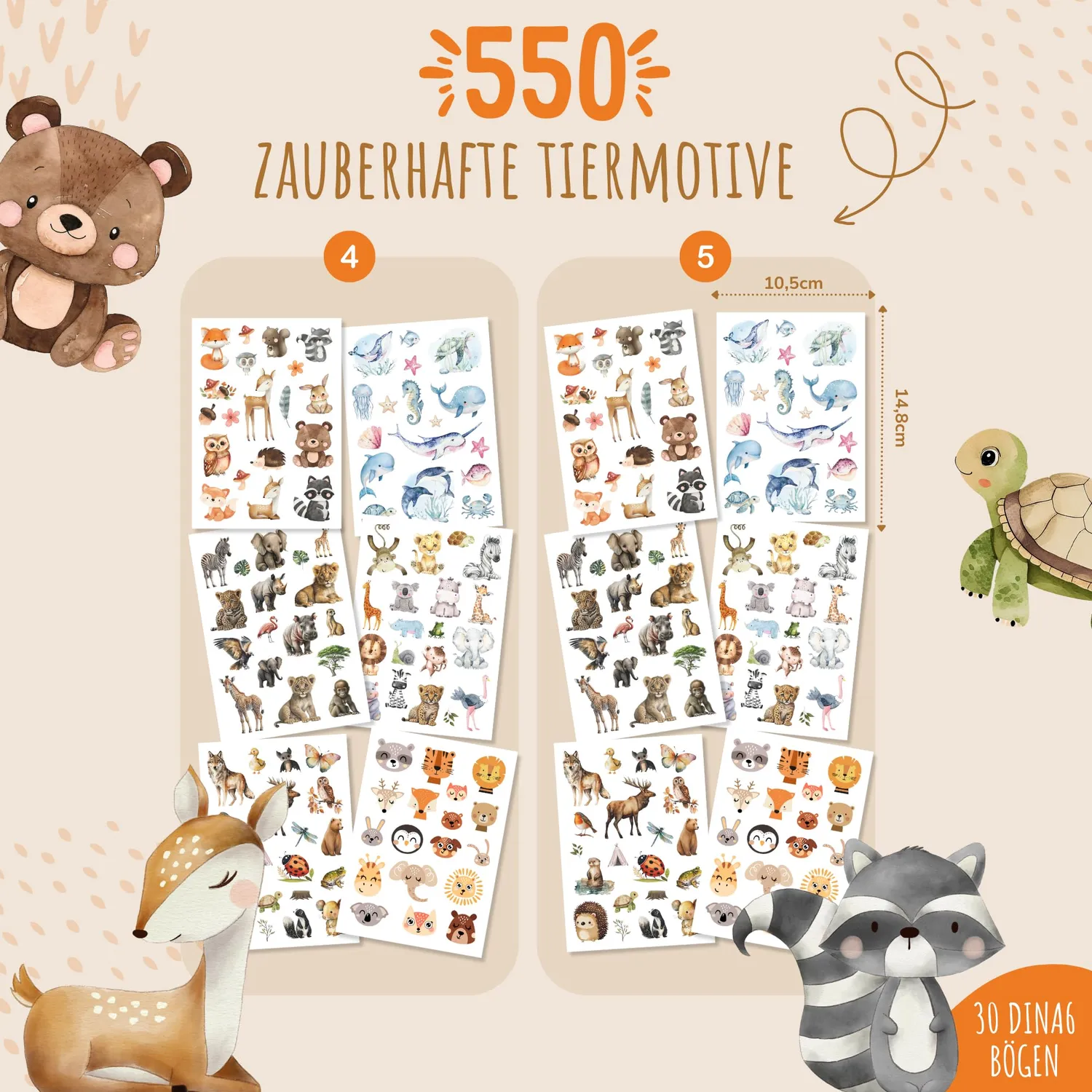 MeinBaby123 Kinder Tattoos Süße Tiere 5er Set 550 Stück