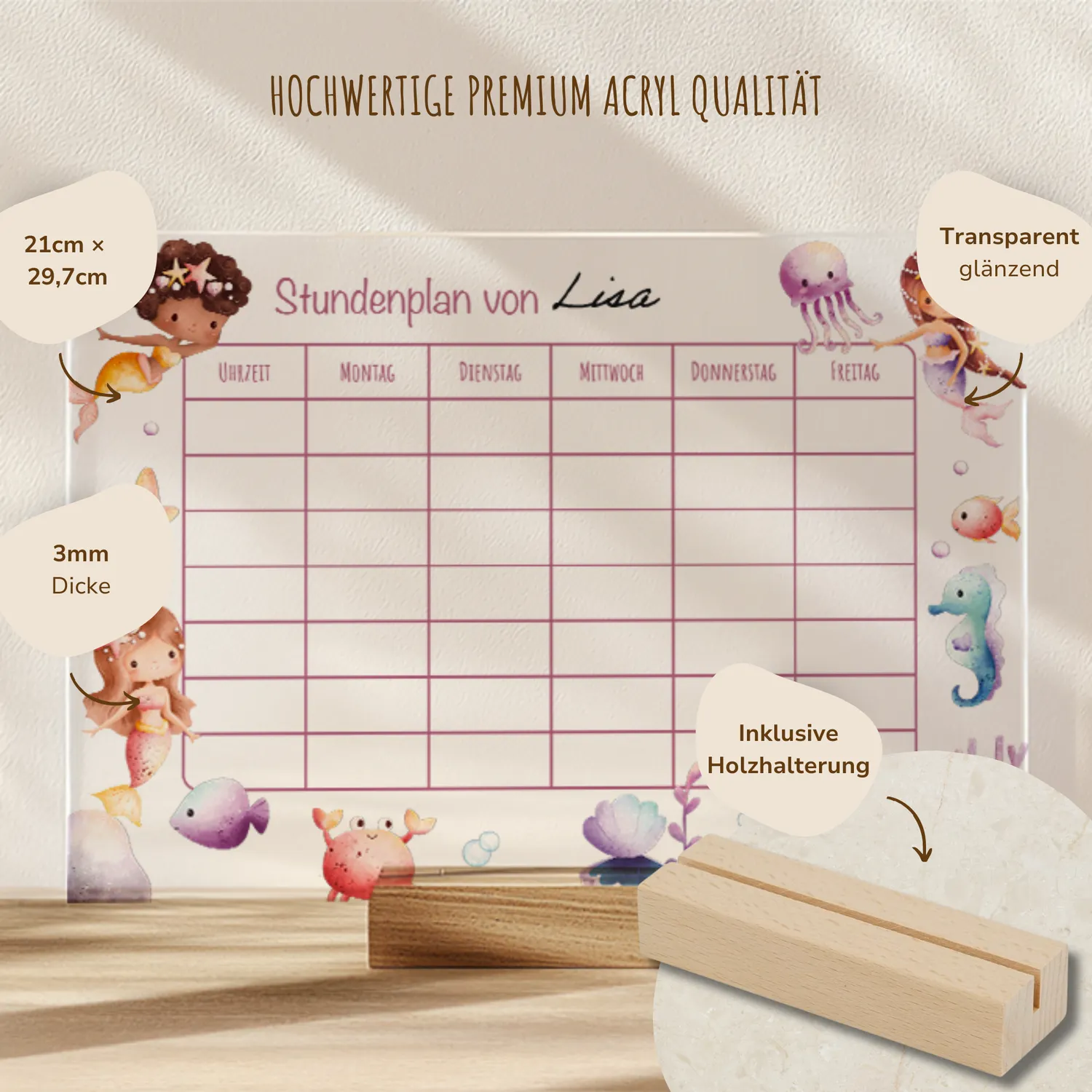 MeinBaby123 Stundenplan Acryl Meerjungfrauen A4 abwischbar