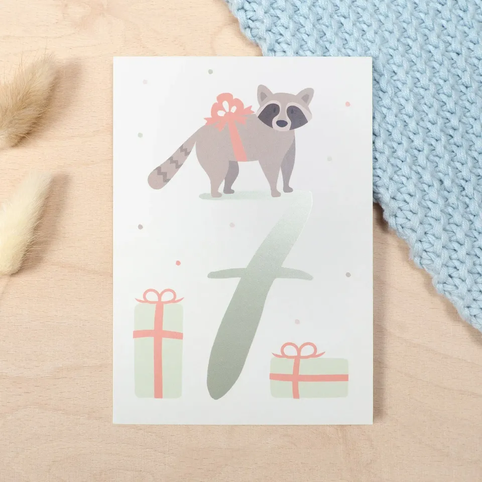 MINTKIND Waschbär Glückwunschkarte 7. Geburtstag A6