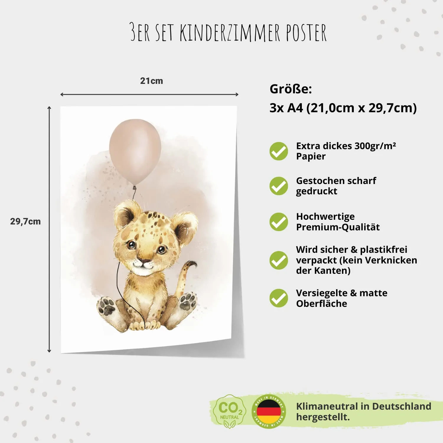MeinBaby123 Poster 3er Set A4 Löwe Luftballon Beige