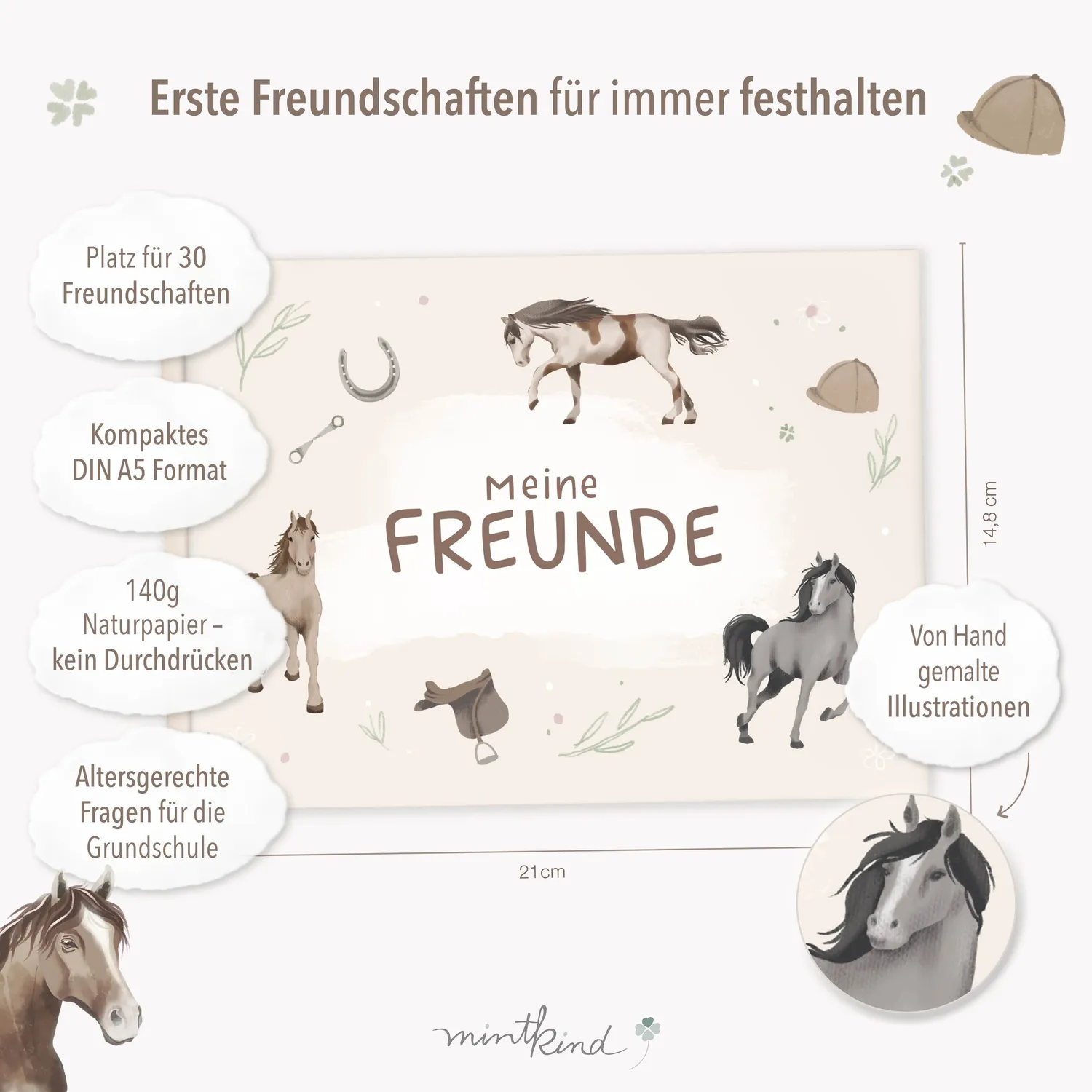 MINTKIND Freundebuch Pferde Beige für 30 Freunde 140g