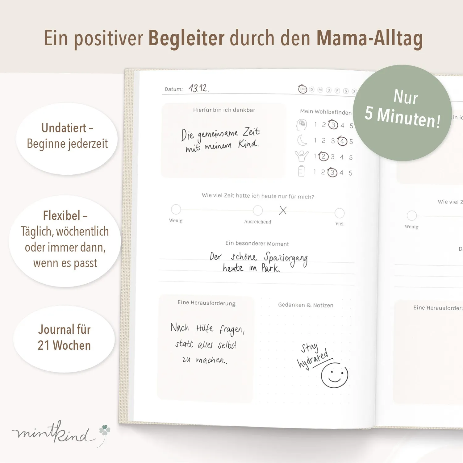 MINTKIND Mama Journal Tagebuch Leinen Beige geführt