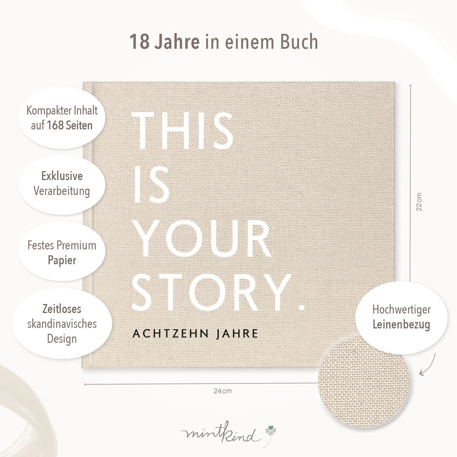 MINTKIND Erinnerungsbuch 18 Jahre Kindheit Leinen Beige