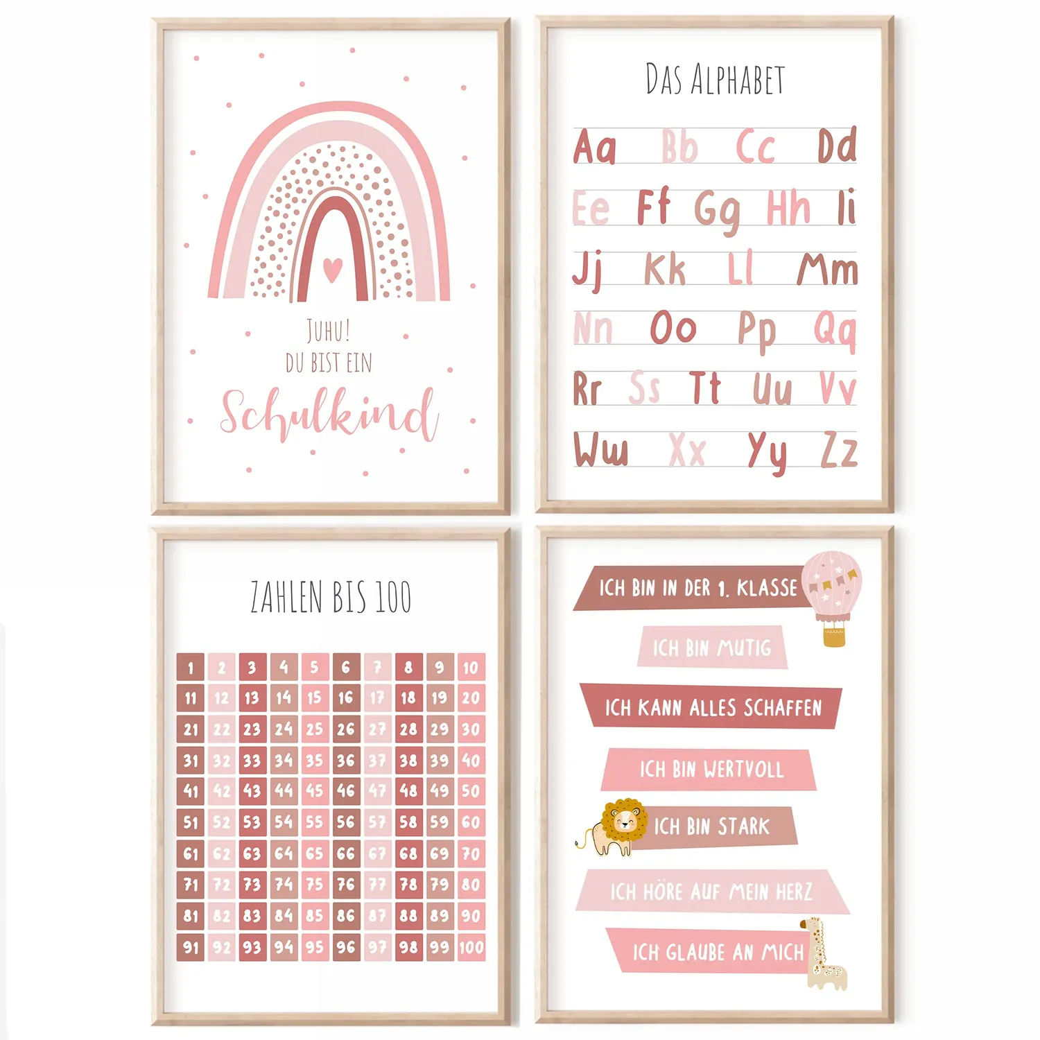 MeinBaby123 Lernposter 4er Set A4 Alphabet Zahlen rosa