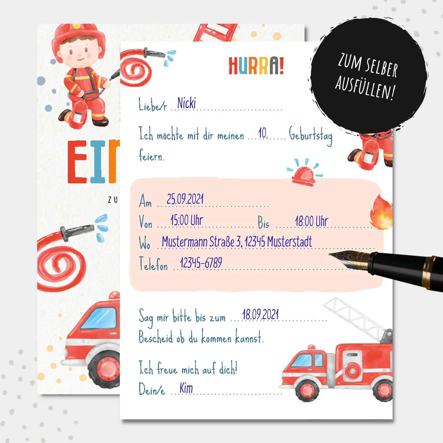 MeinBaby123 Einladungskarten Kindergeburtstag Feuerwehr 10er Set