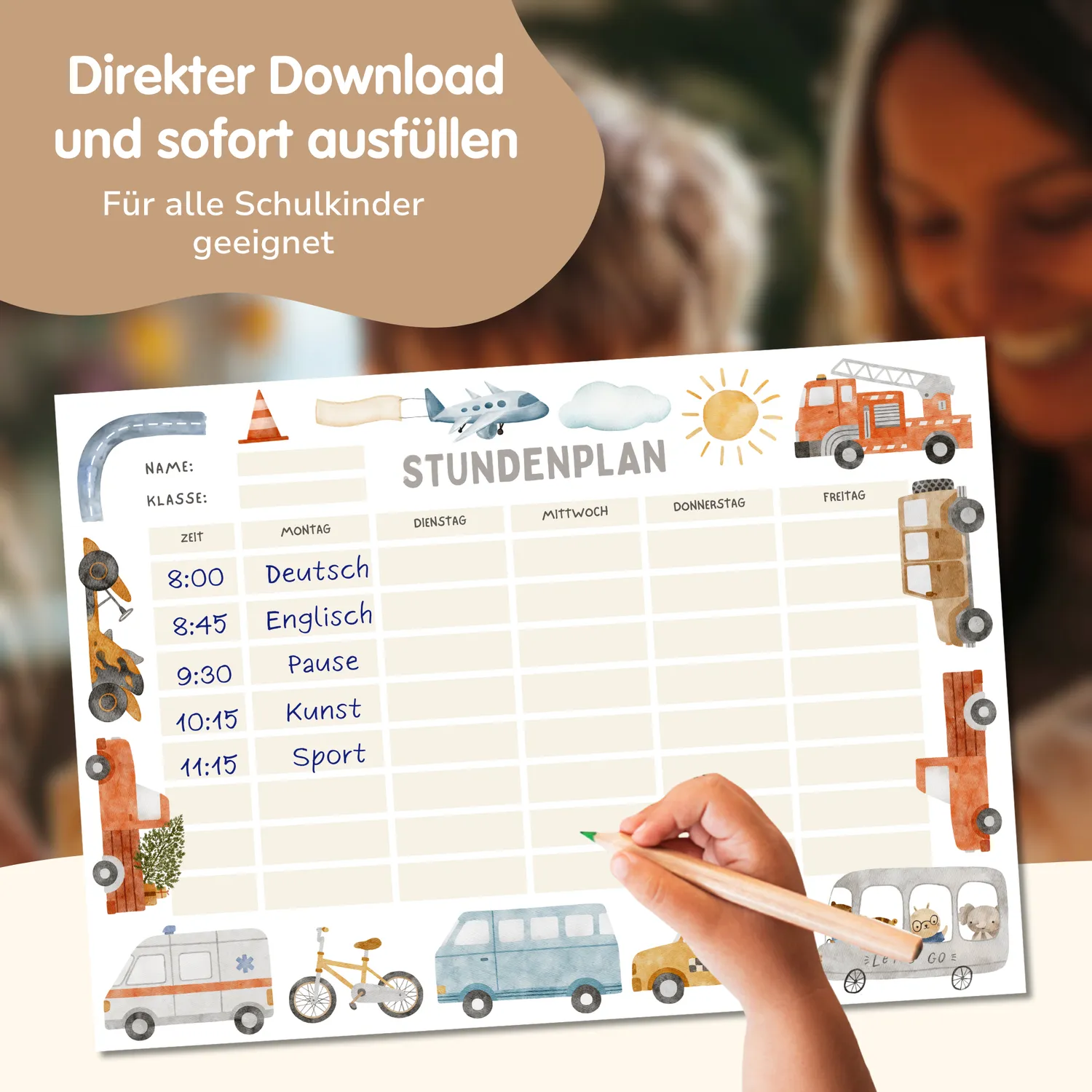 MeinBaby123 Stundenplan Autos PDF zum Ausdrucken A4