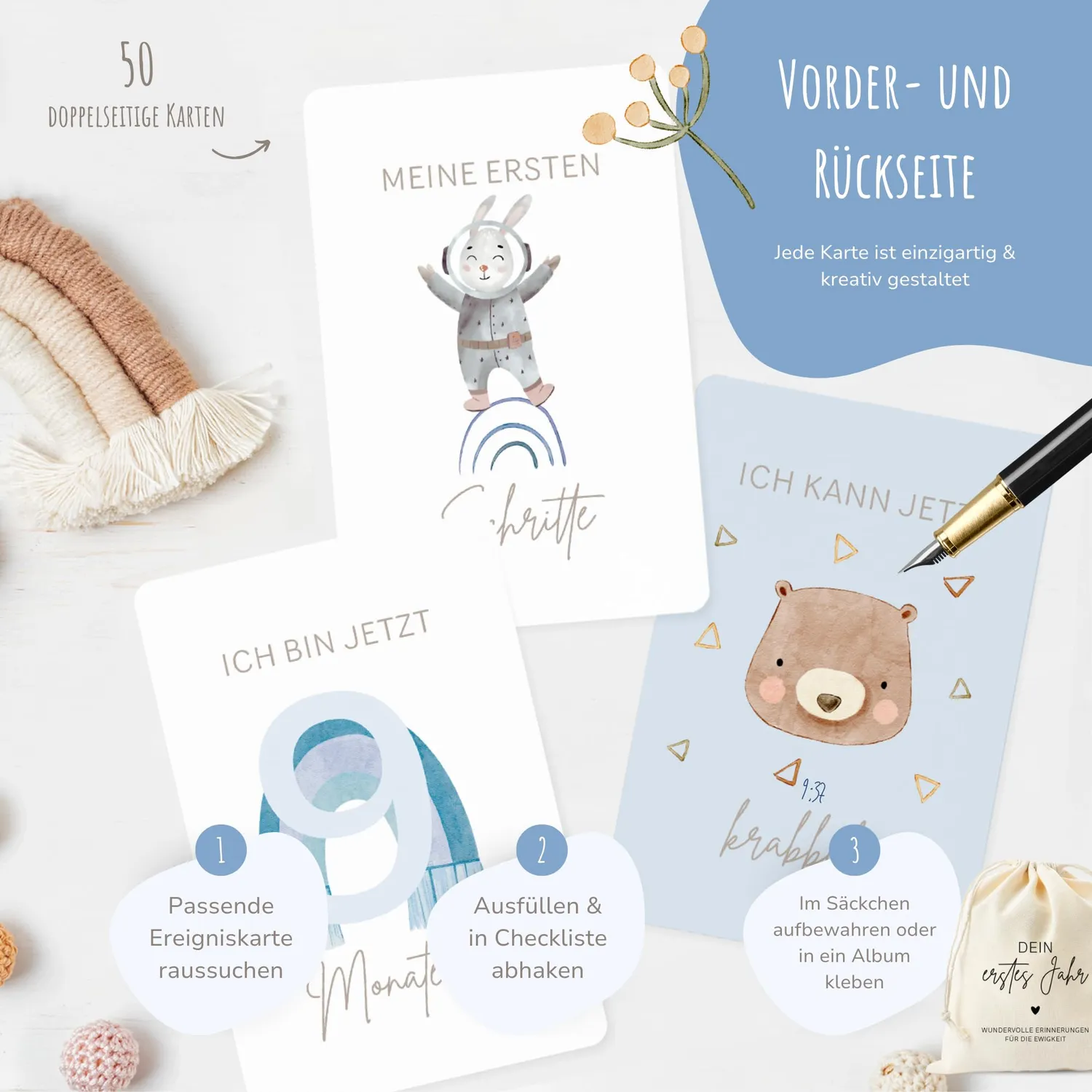 MeinBaby123 Dein erstes Jahr Meilensteinkarten blau 50 Stück