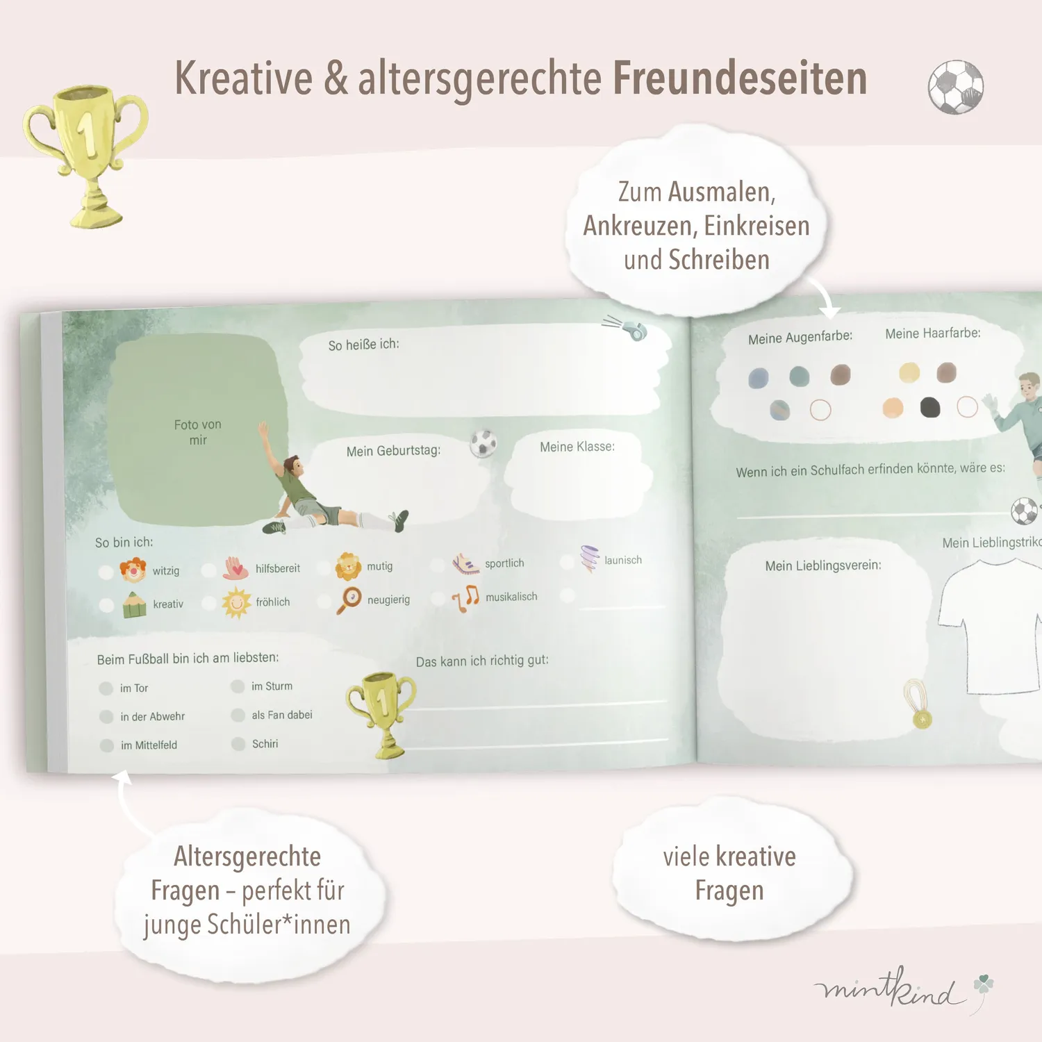 MINTKIND Freundebuch Grundschule Fußball A5 Hardcover