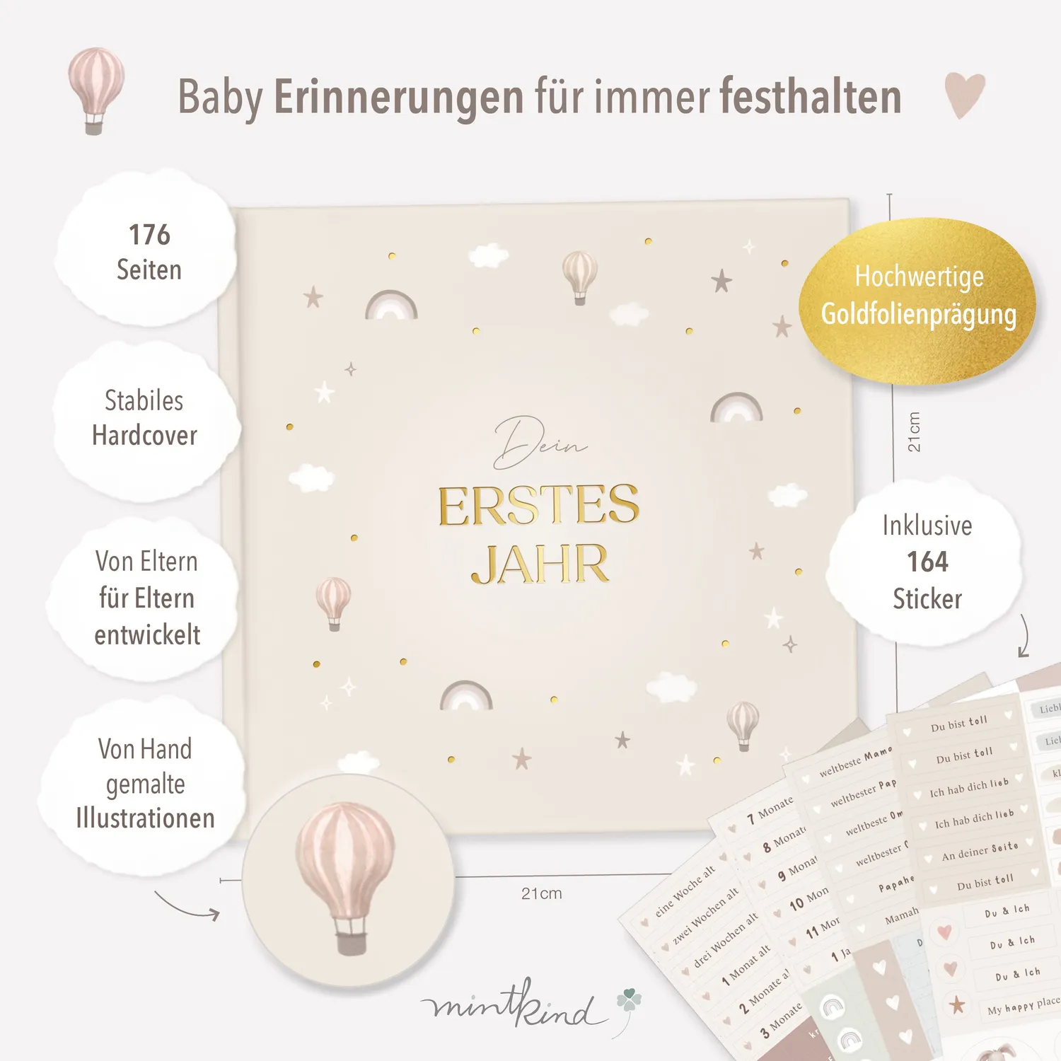 MINTKIND Dein erstes Jahr Babytagebuch Beige 164 Sticker