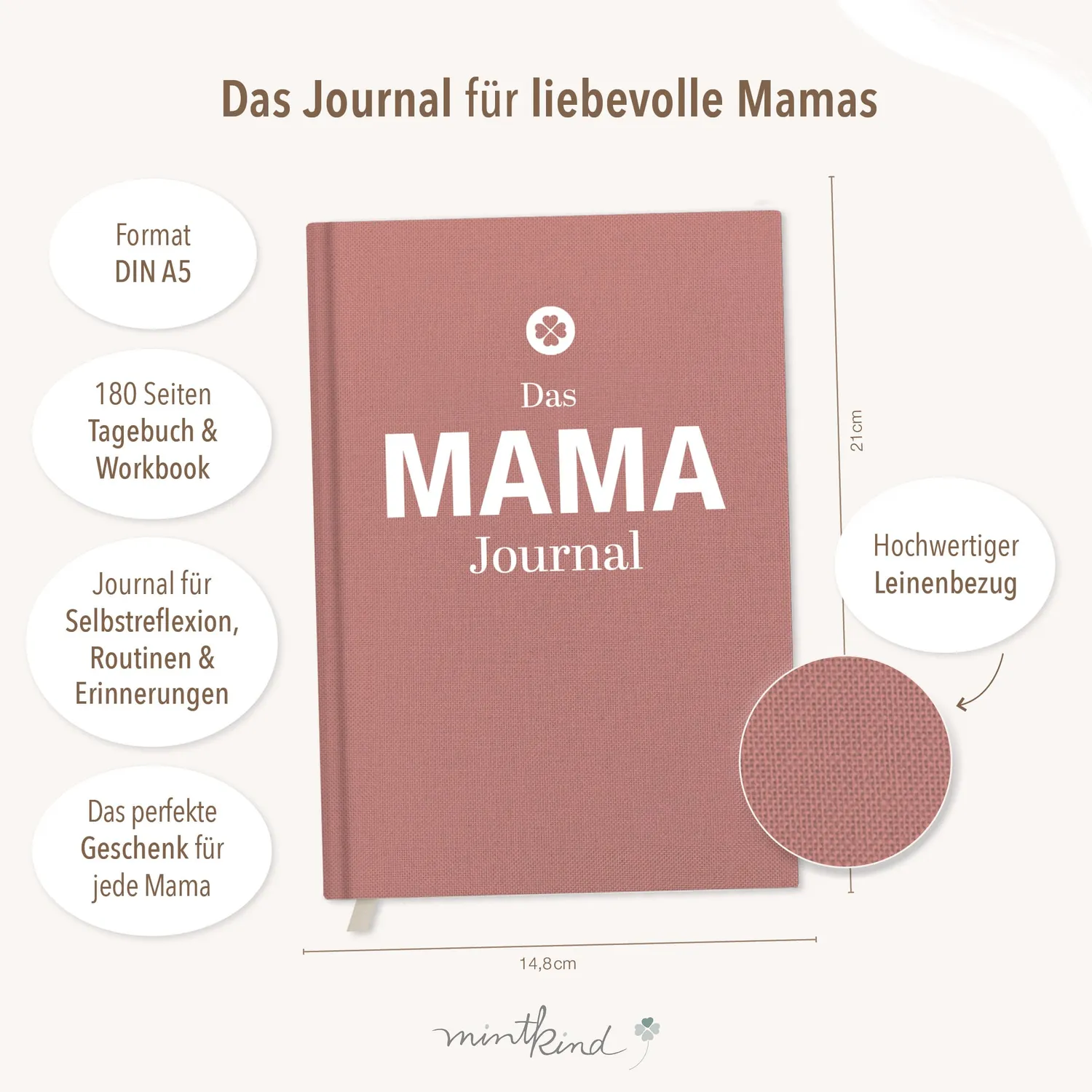 MINTKIND Mama Journal Tagebuch Leinen Beige geführt