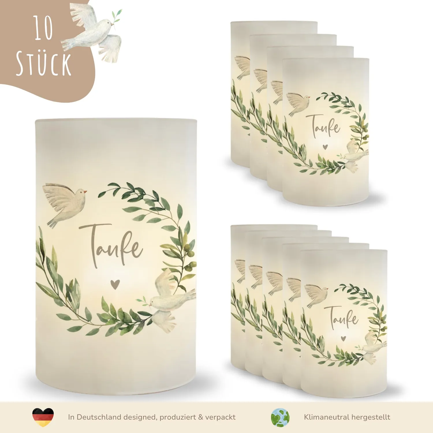 MeinBaby123 Tauben Windlicht Taufe Tischdeko 10er transparent