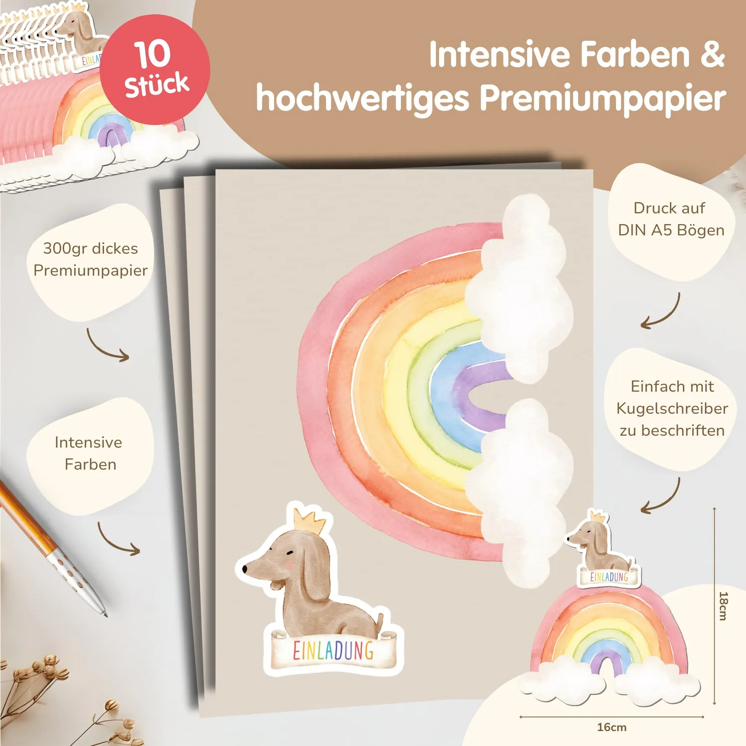 MeinBaby123 Bastelset Einladungen Hund Regenbogen 10 Stück