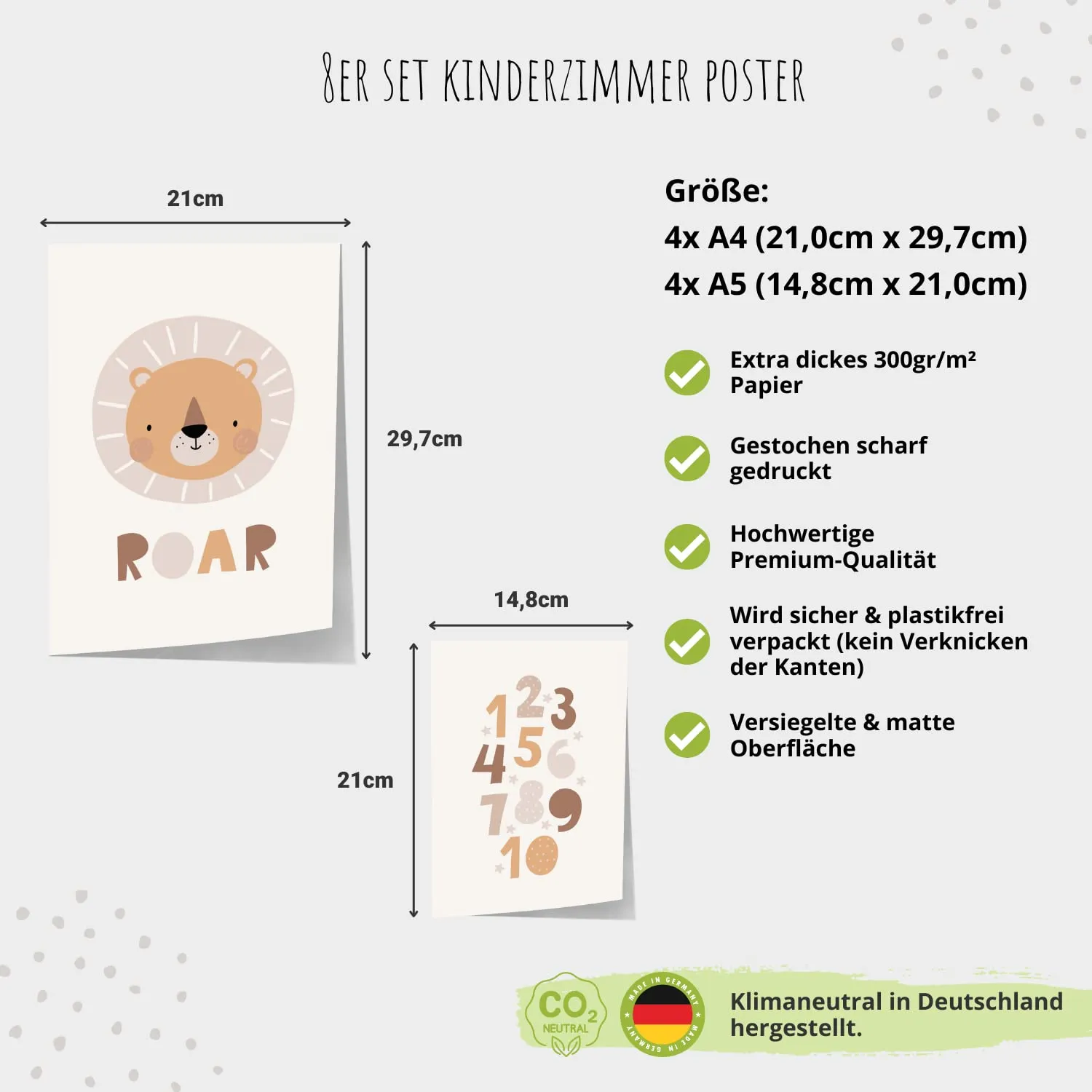 MeinBaby123 Kinderzimmerposter 8er Set A4 Süße Tiere
