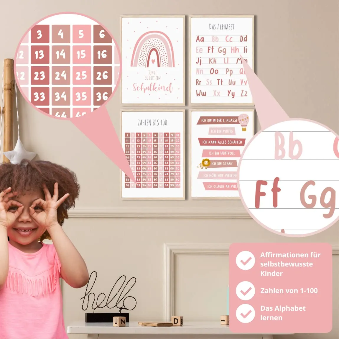 MeinBaby123 Lernposter 4er Set A4 Alphabet Zahlen rosa