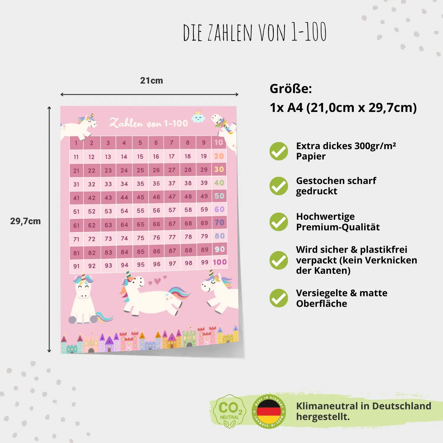 MeinBaby123 Zahlen 1-100 Lernposter Einhorn A4 matt