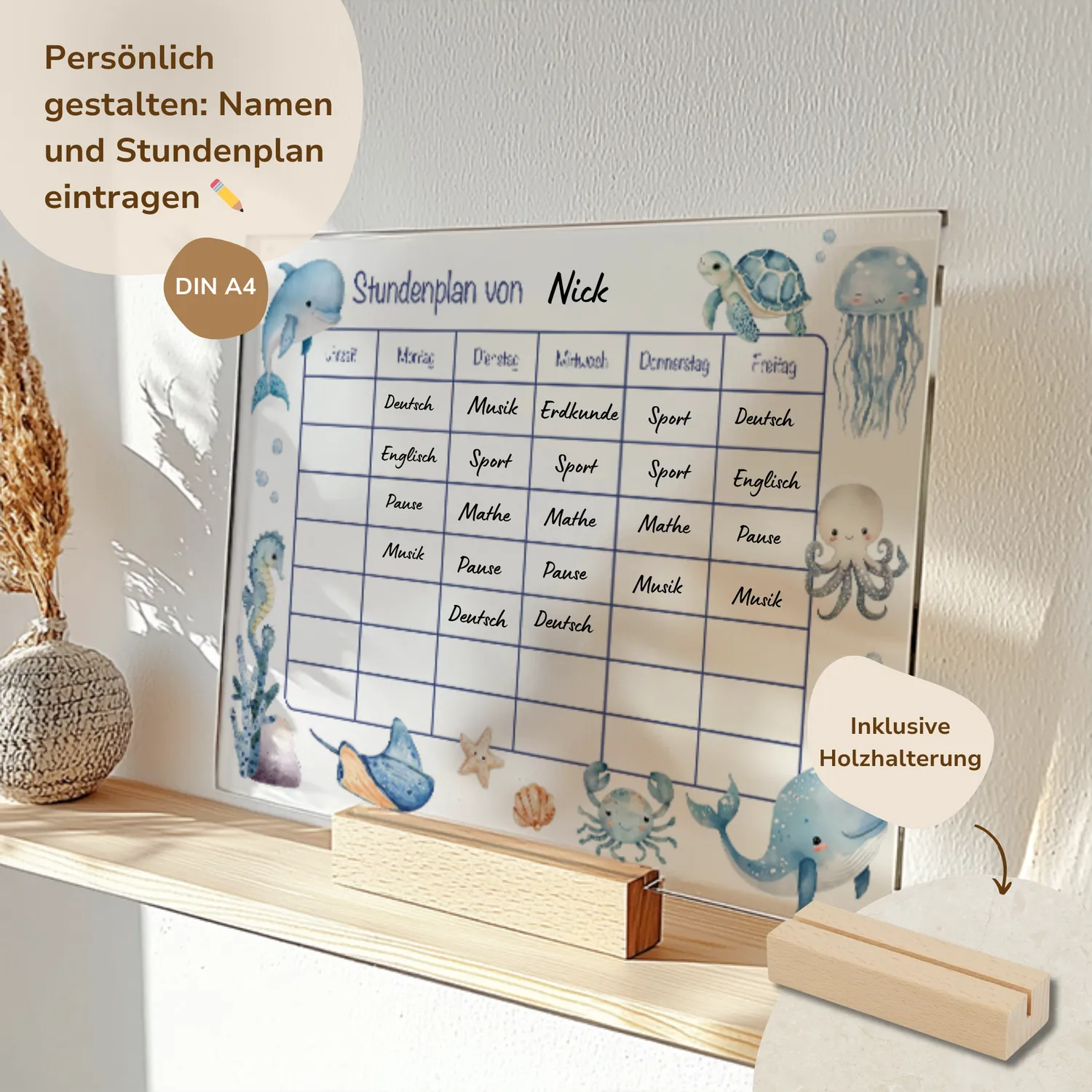 MeinBaby123 Unterwasserwelt Stundenplan Acryl A4 Holzhalterung
