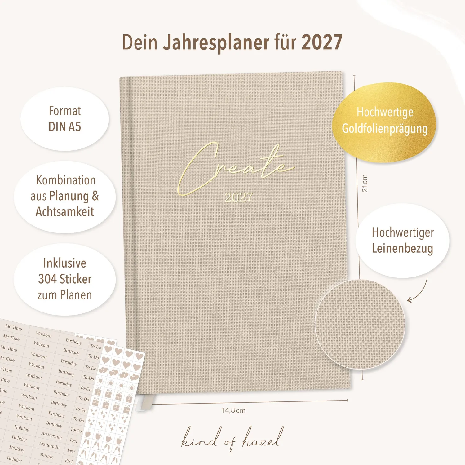 kind of hazel Terminplaner 2027 Kalender Linen Beige mit Sticker