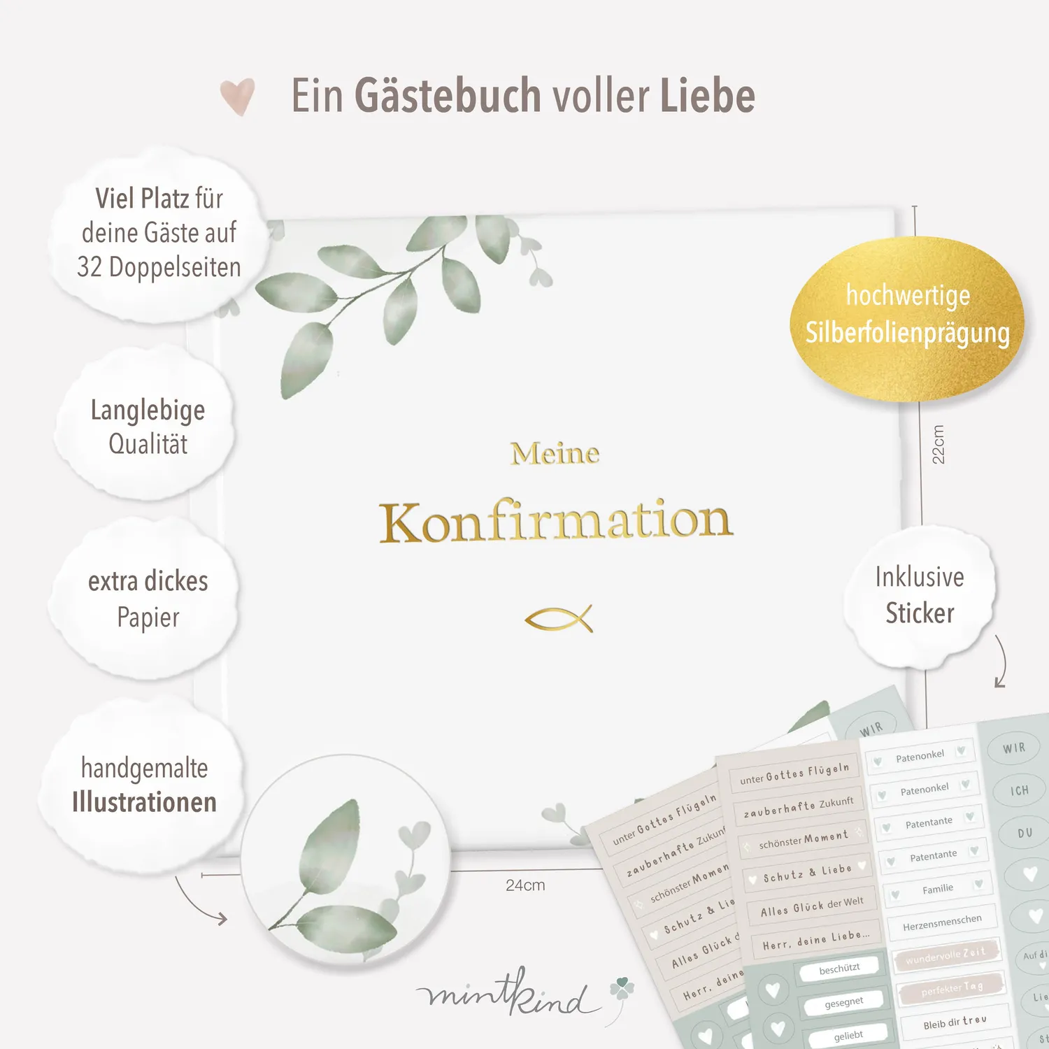 MINTKIND Meine Konfirmation Gästebuch Leinen Beige 72 Seiten