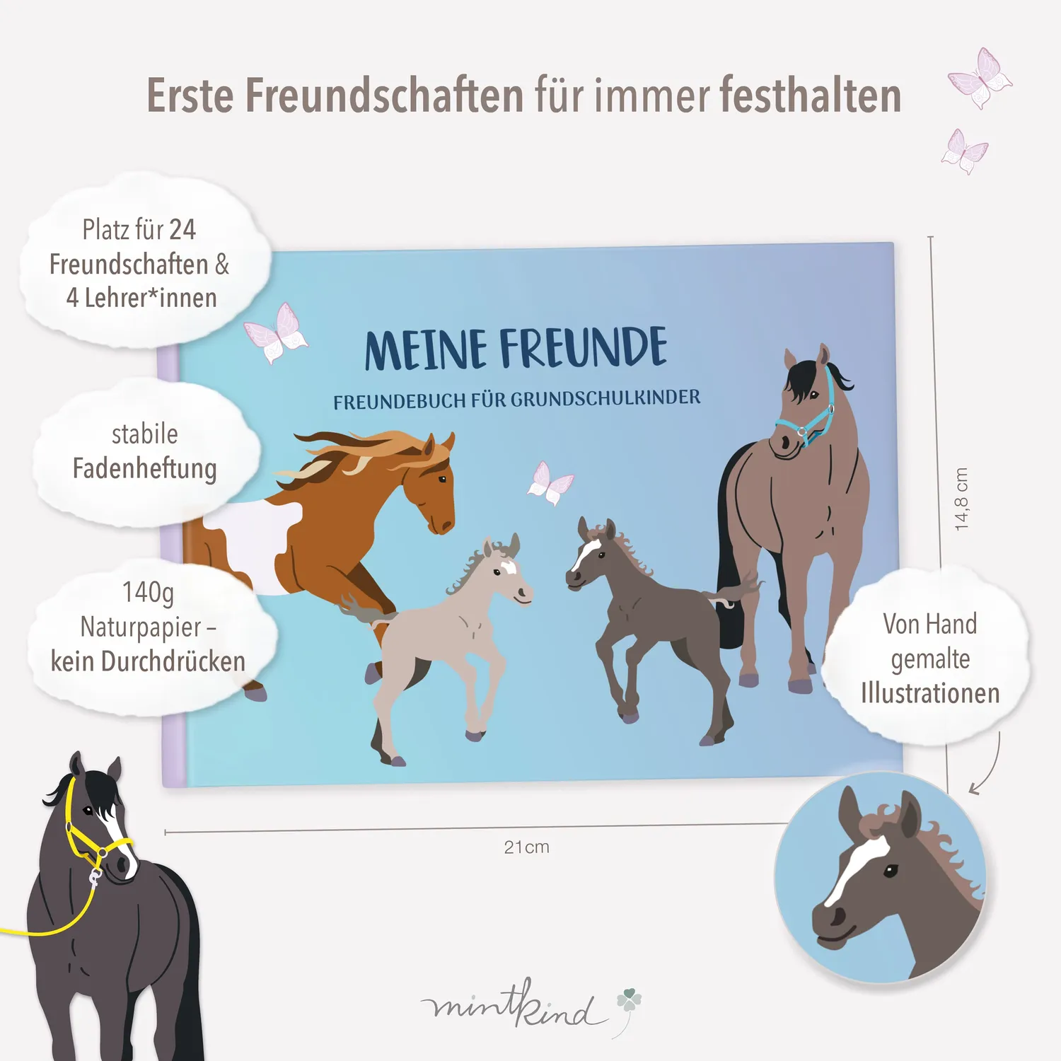 MINTKIND Freundebuch Schule Pferde Rosa 96 Seiten