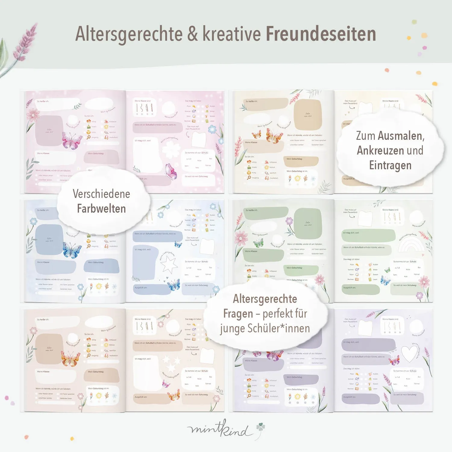 MINTKIND Freundebuch Schule Blumen 21x21 für 30 Freunde