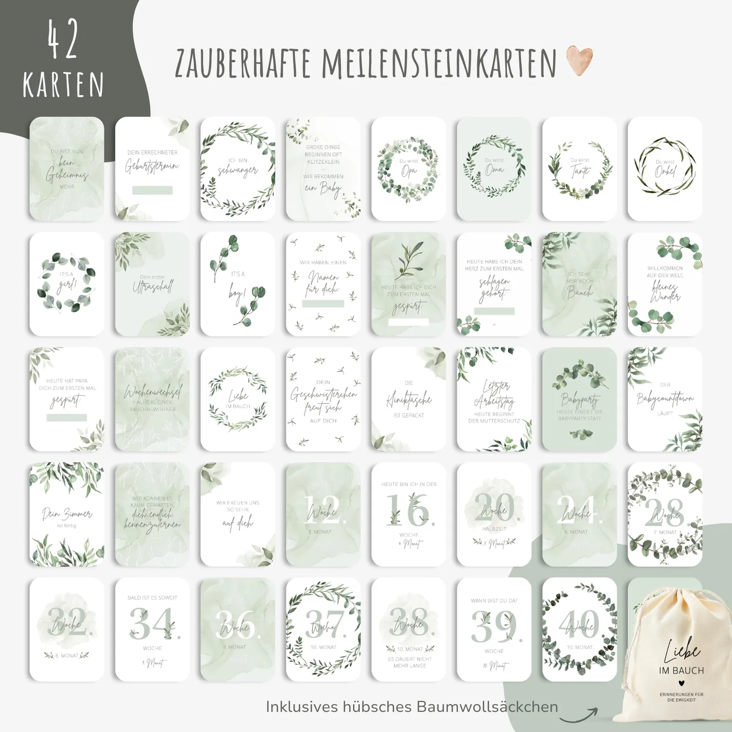 MeinBaby123 Meilensteinkarten Schwangerschaft Eukalyptus 42er