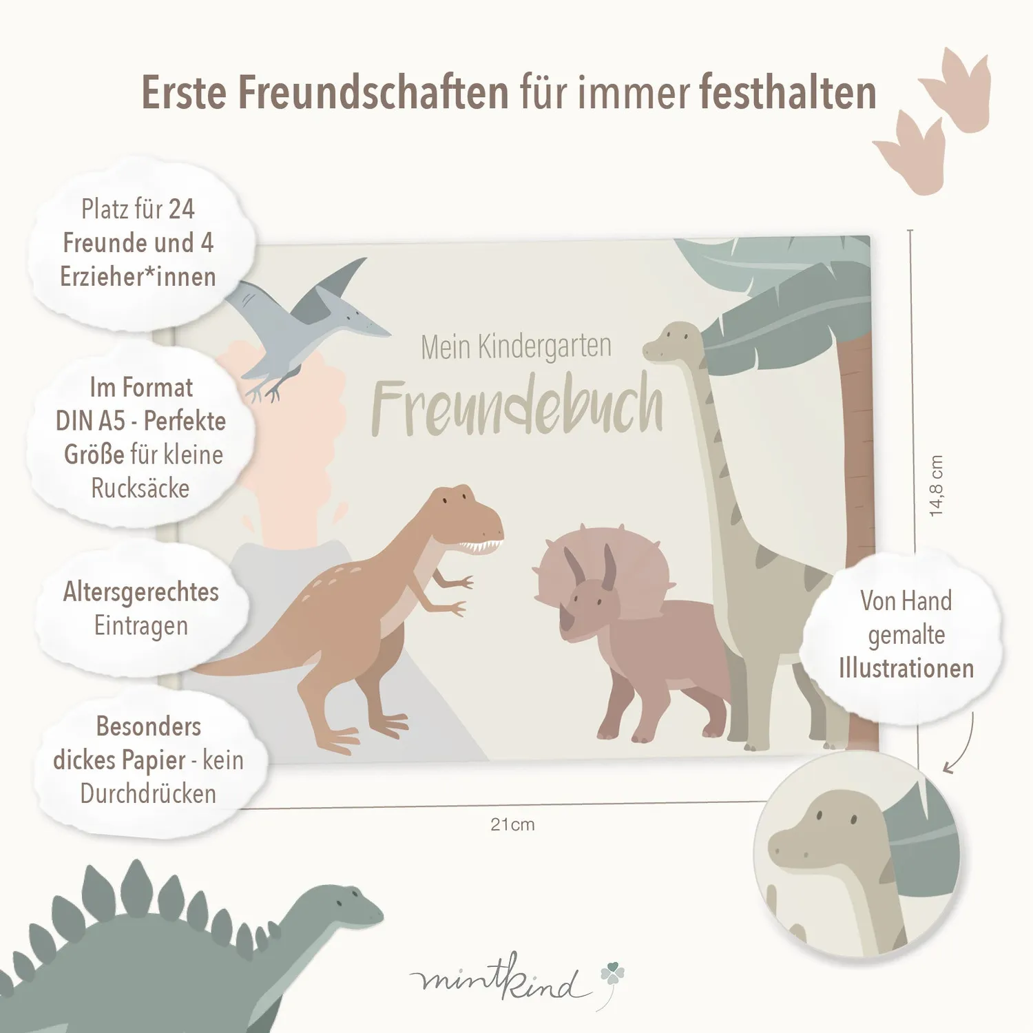 MINTKIND Dino Freundebuch Kindergarten DIN A5 quer